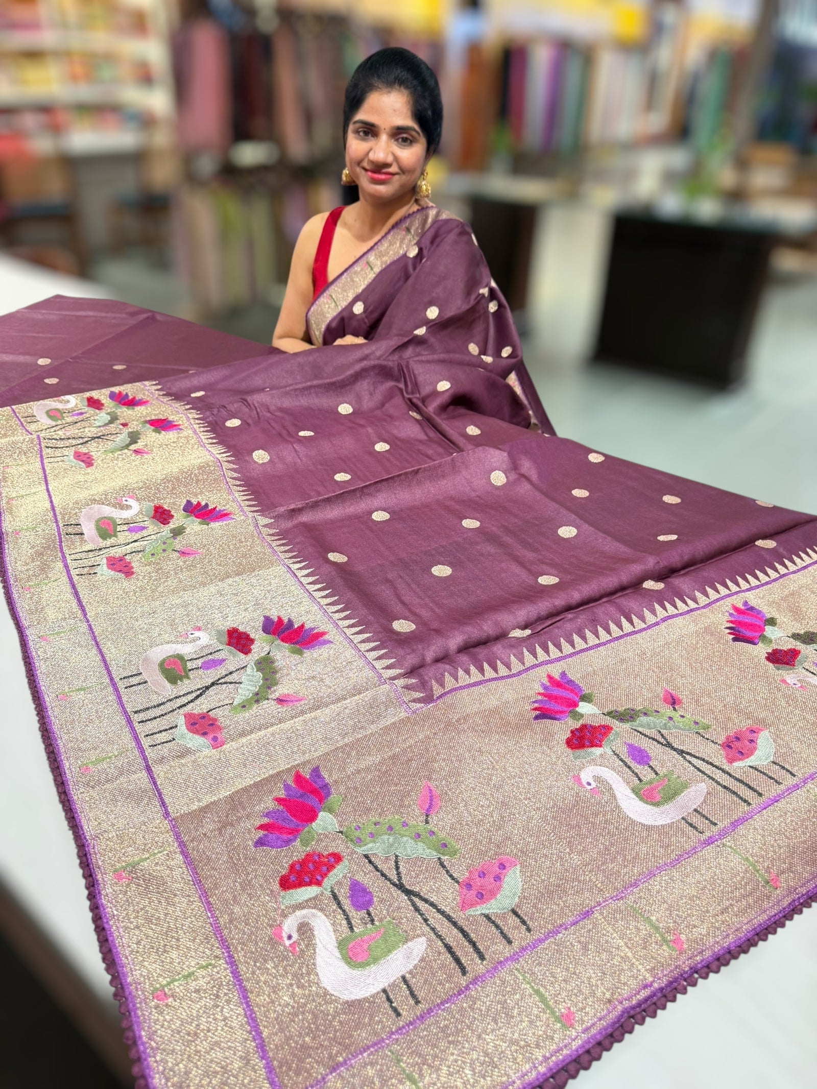 Grape Wine Tussar with embroidery