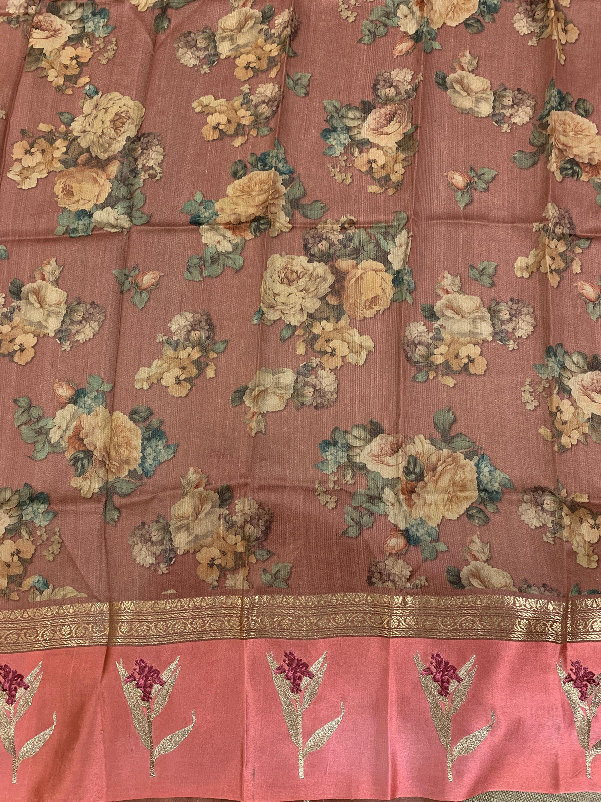 Dark Onion Pink Tussar Dhupion Saree with Floral printed mashru borders