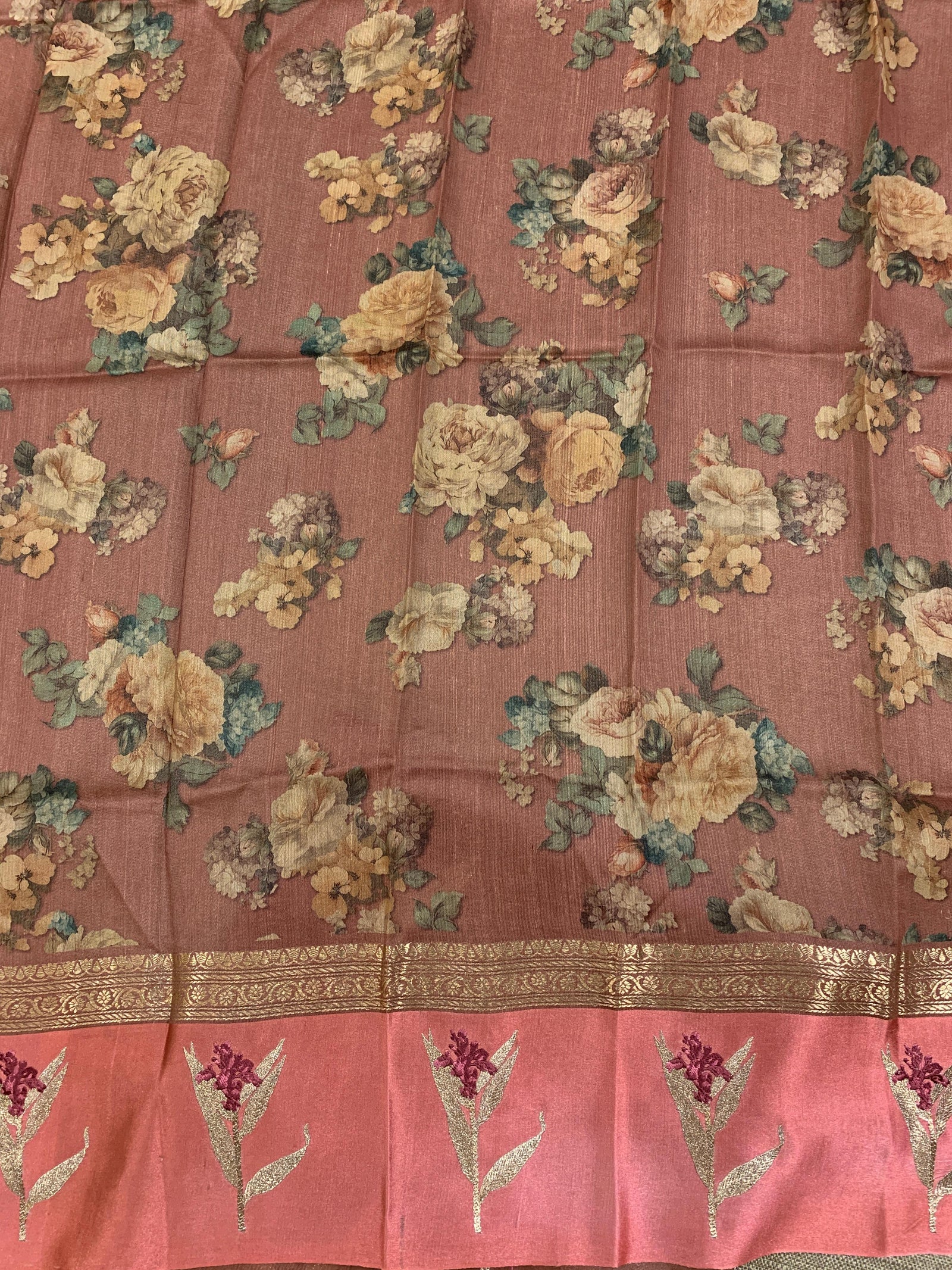 Dark Onion Pink Tussar Dhupion Saree with Floral printed mashru borders