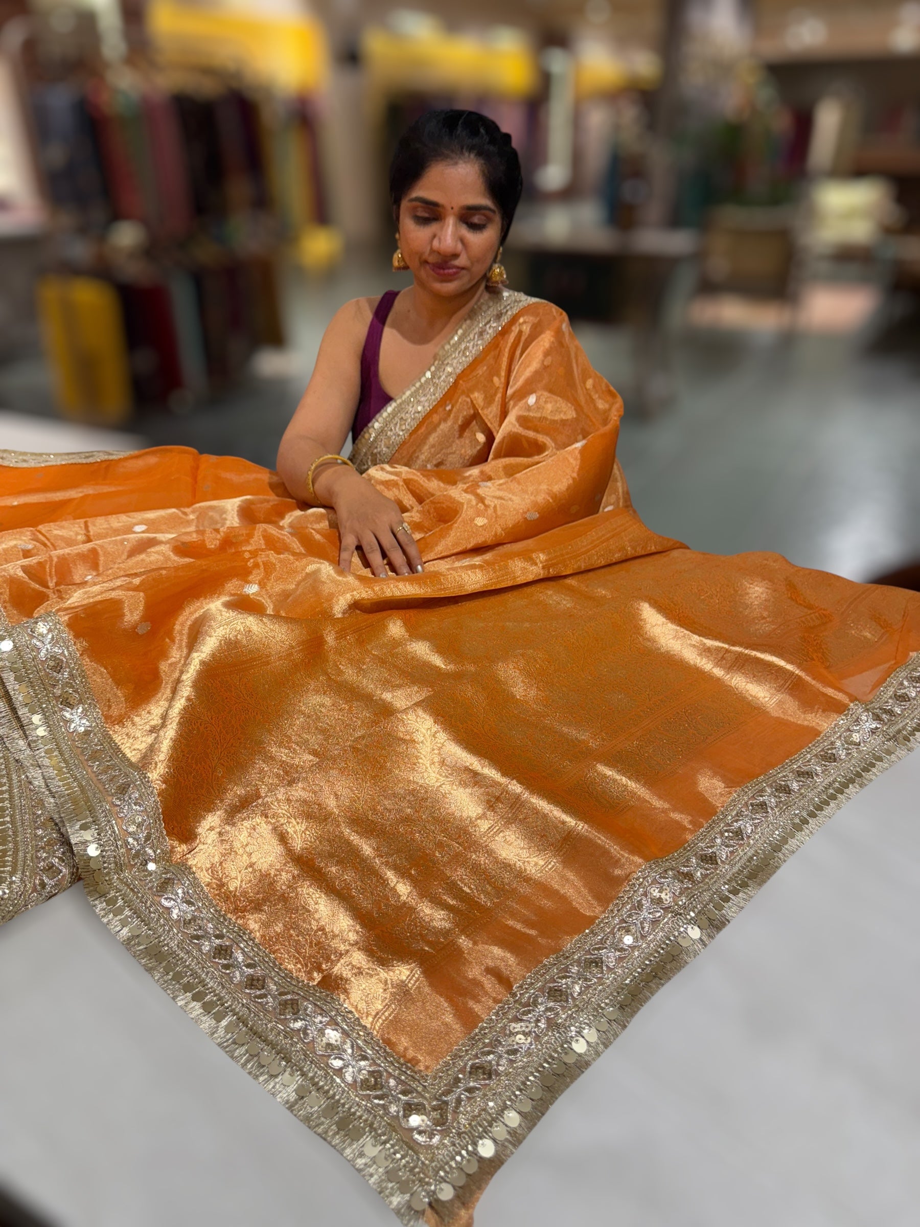 Orange Pure handloom Banarasi Tissue saree