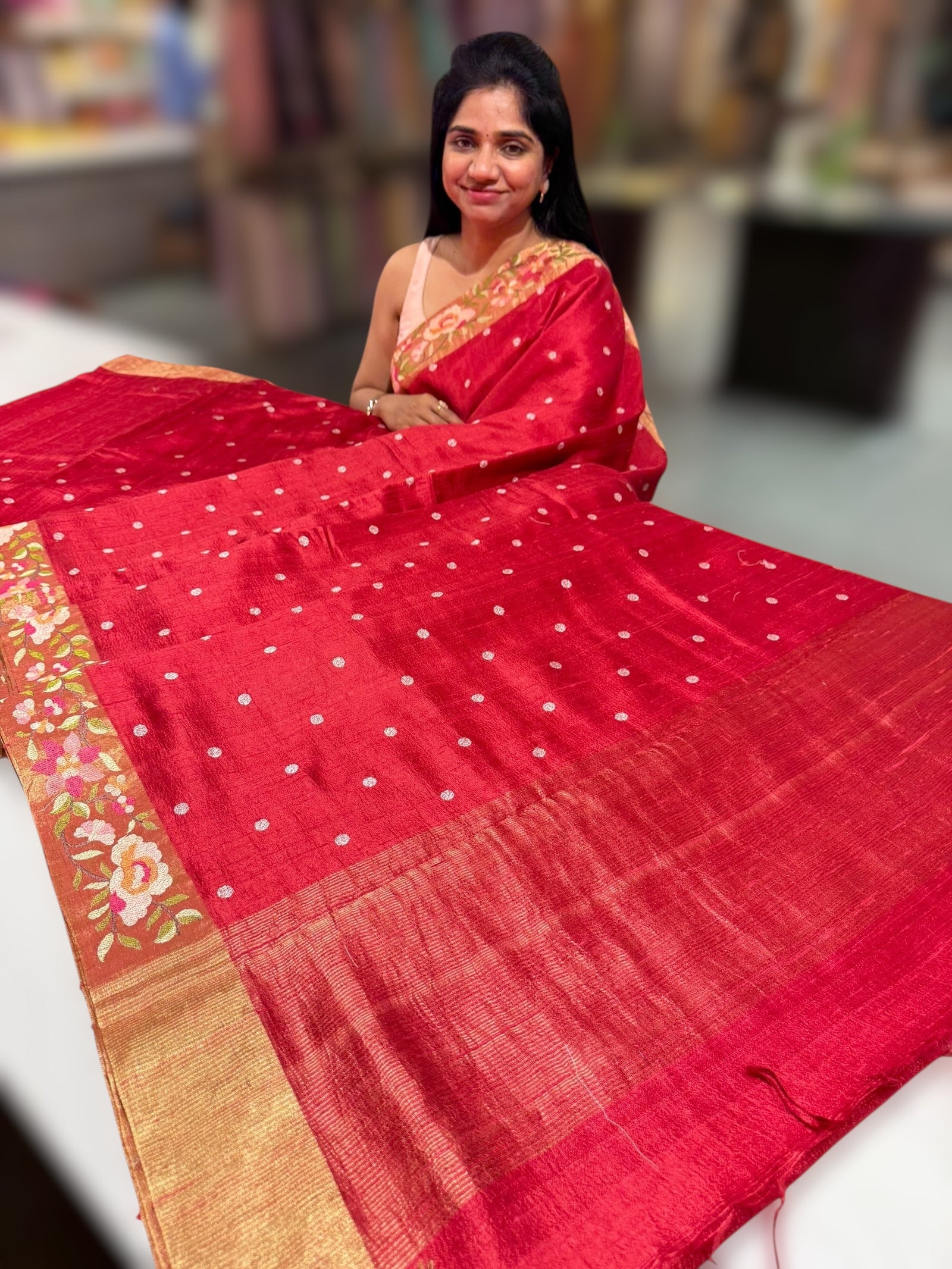 Dusty Red Raw Silk Saree with Embroidery
