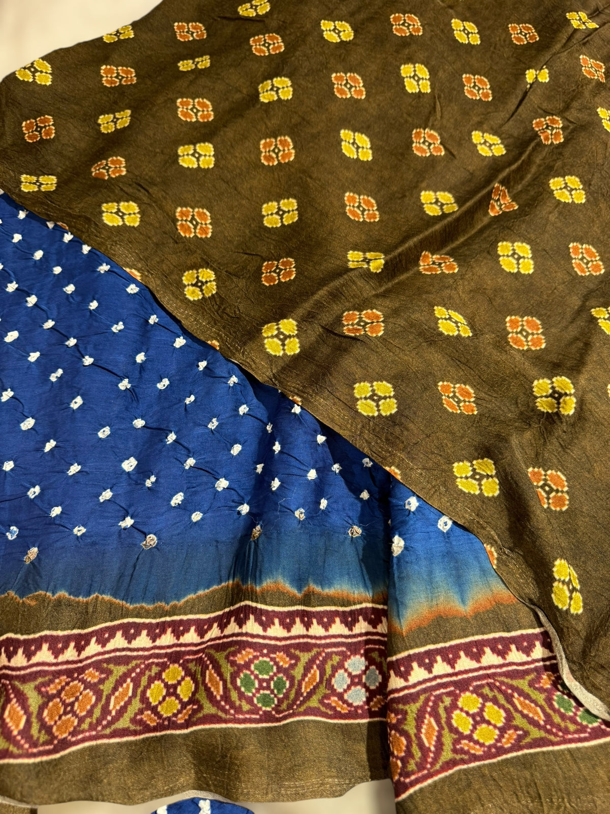 Blue bandhini kalamkari modal satin saree