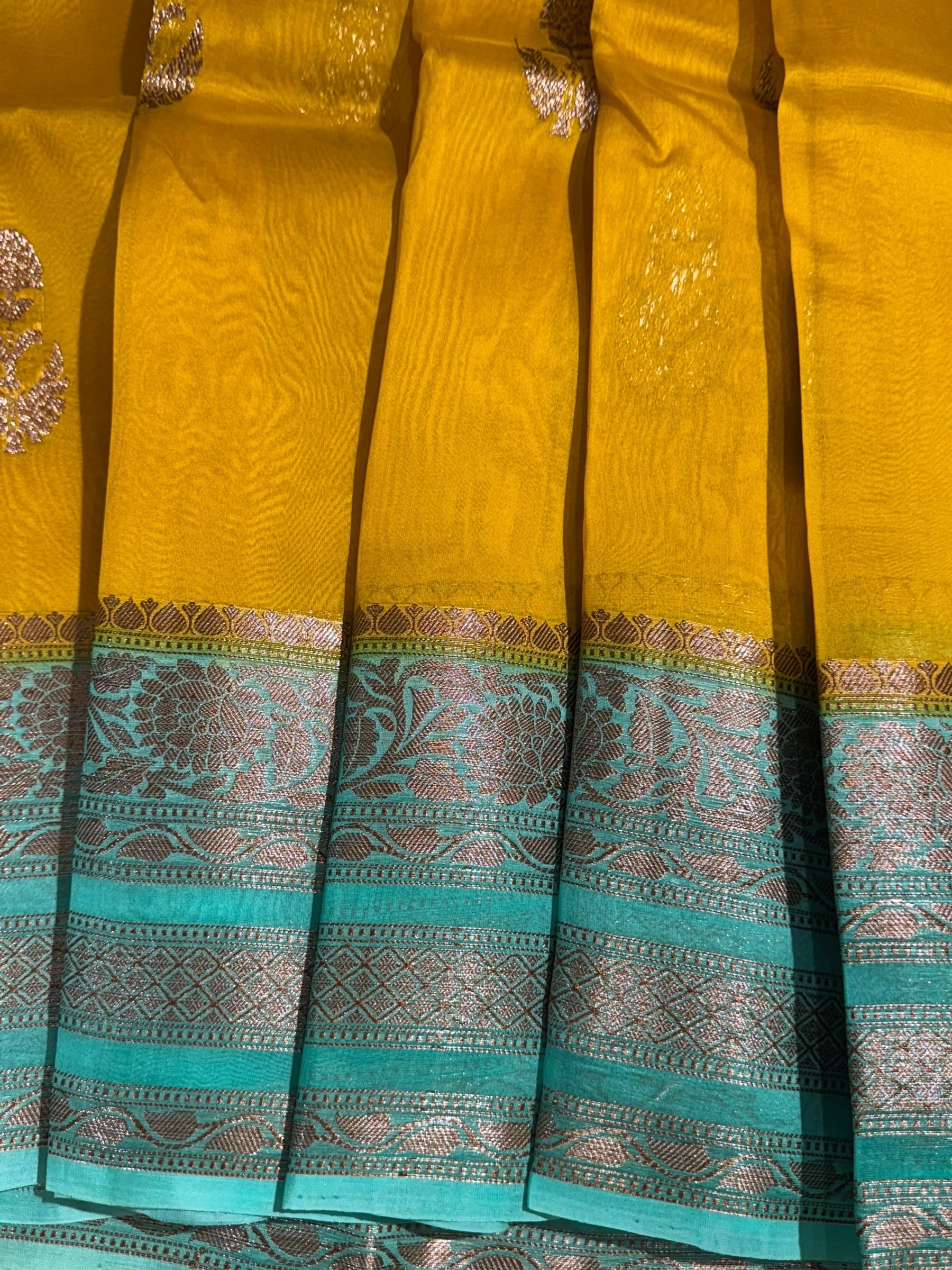 Yellow & Teal Pure Handloom Kora Banarasi Saree