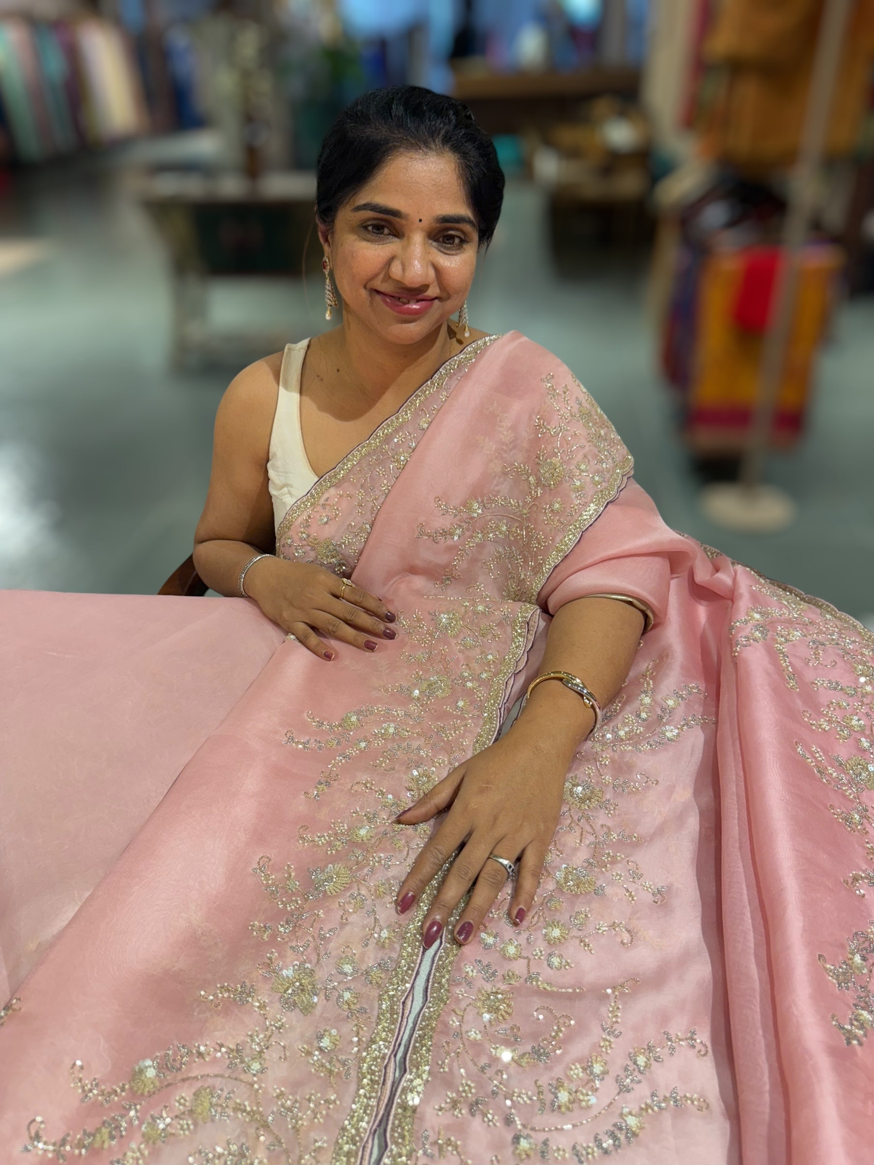 Blush Pink Organza heavy handwork saree with ready to wear blouse