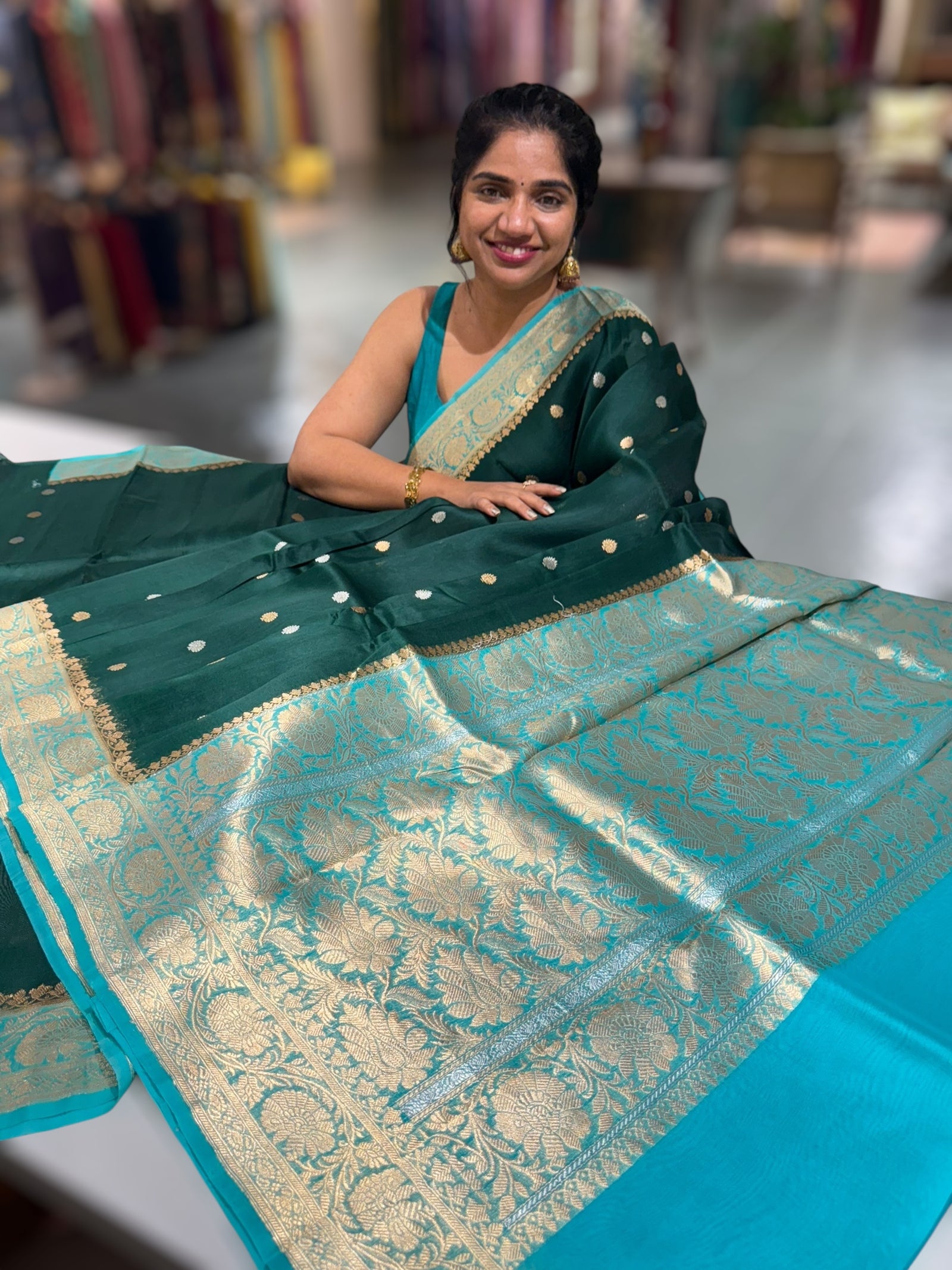 Forest Green & Teal Pure Handloom premium Kora Banarasi Saree