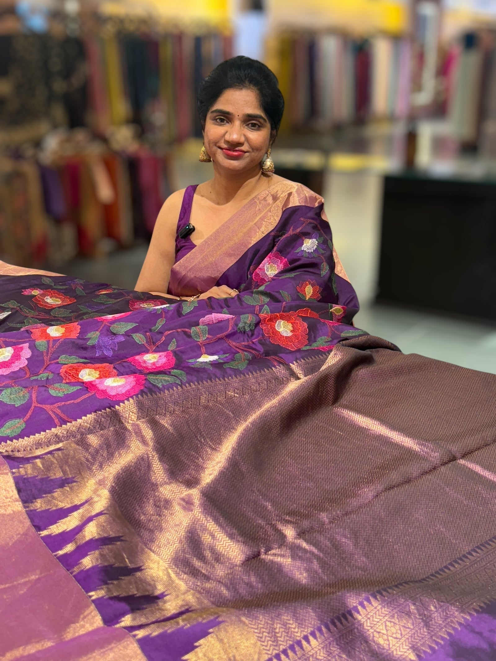 Brinjal Kanchi Soft Silk Saree with allover jamdani inspired embroidery