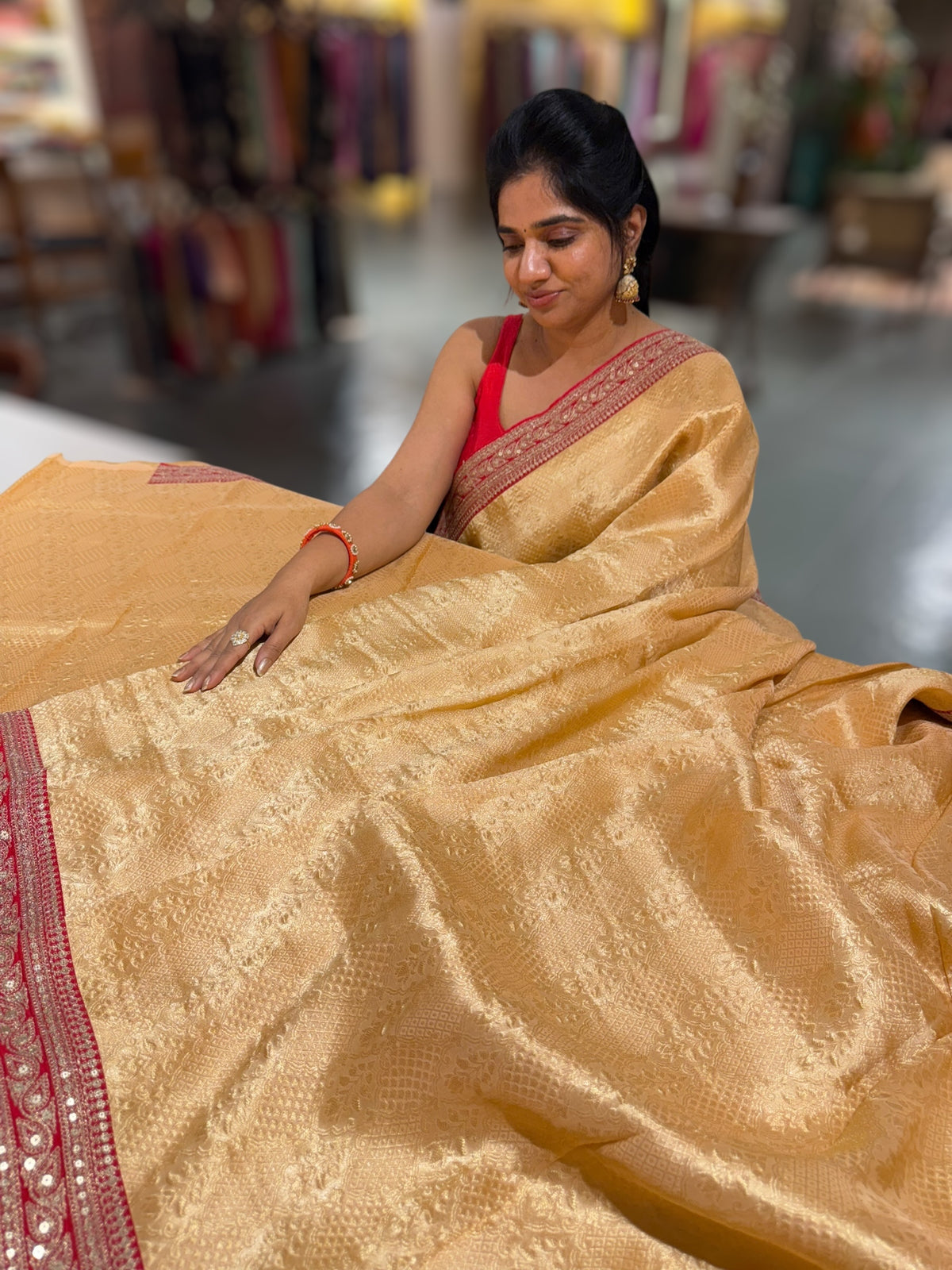 Peach & Reddish Pink Combo Banarasi Tissue Brocade saree