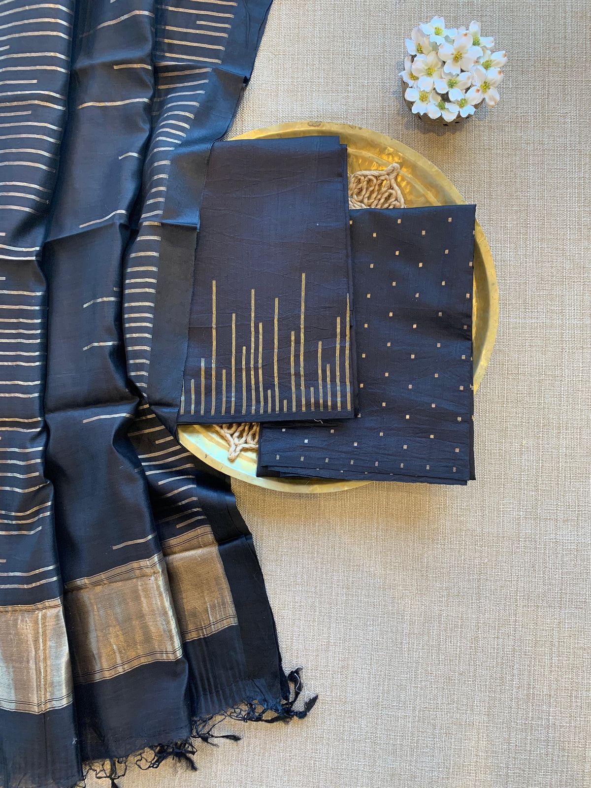 Black Banarasi Handloom Chiniya Silk 3-pc Suit Set