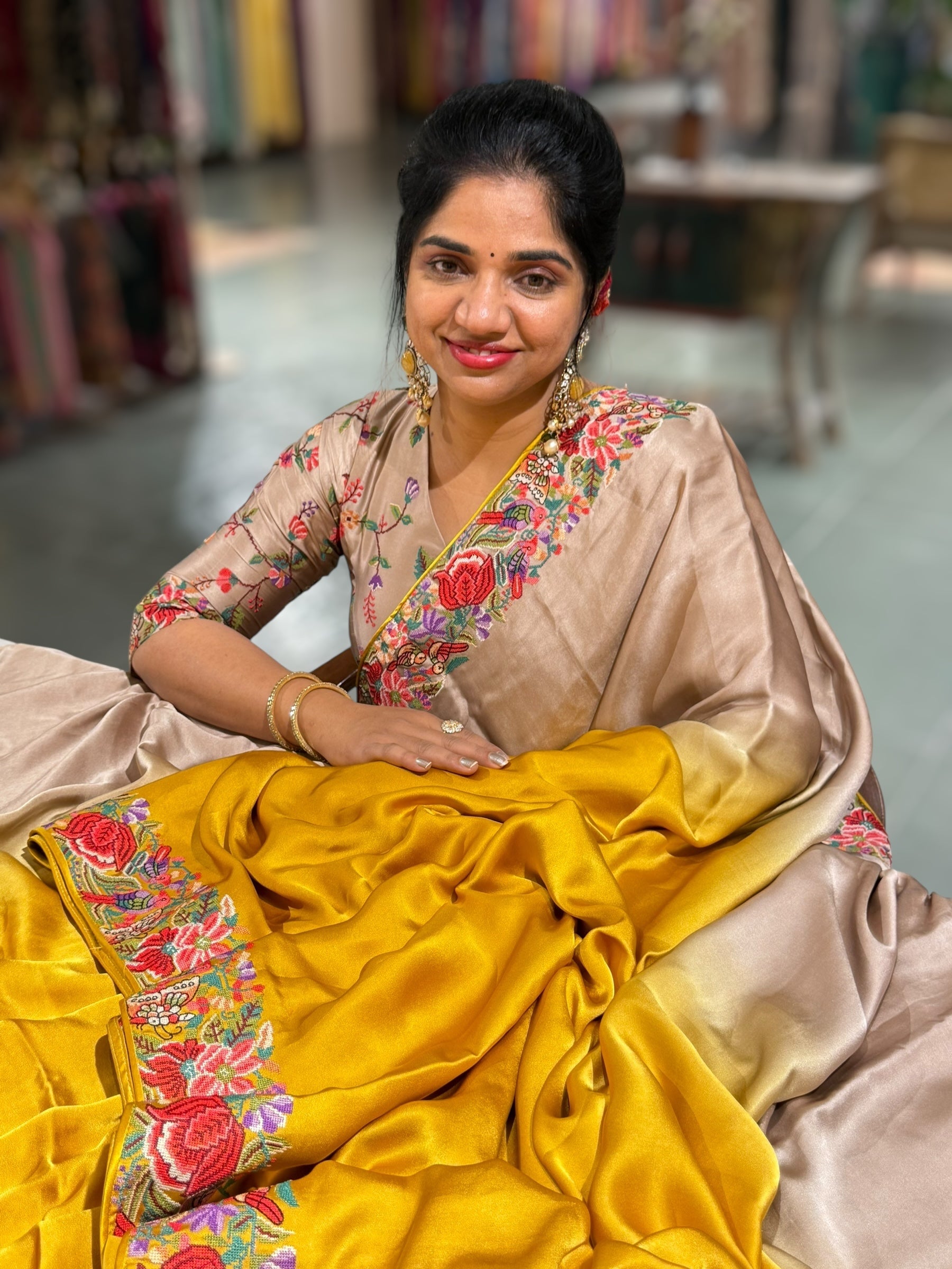 Pure Satin Ombre Dyed Saree with Petite Point Embroidered Border and blouse.