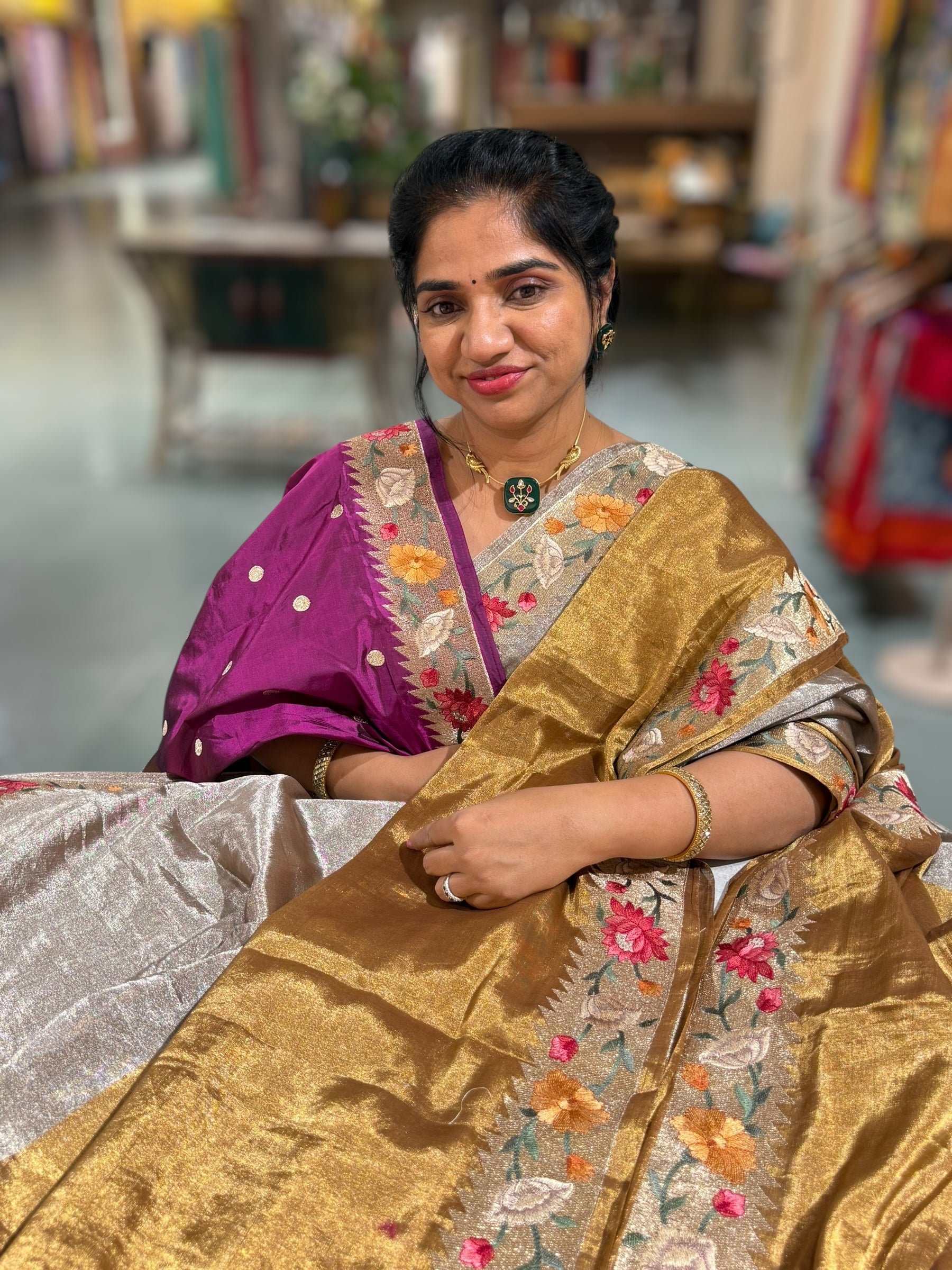 Handloom Tissue Saree with Paithani inspired embroidered border.