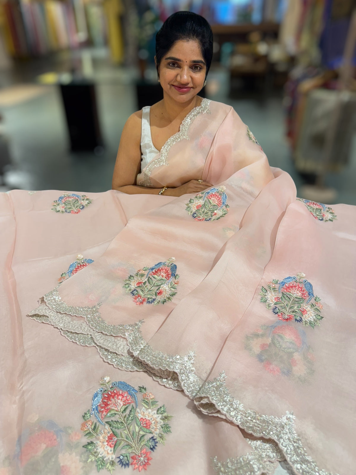 Pastel Pink pure Organza handwork saree
