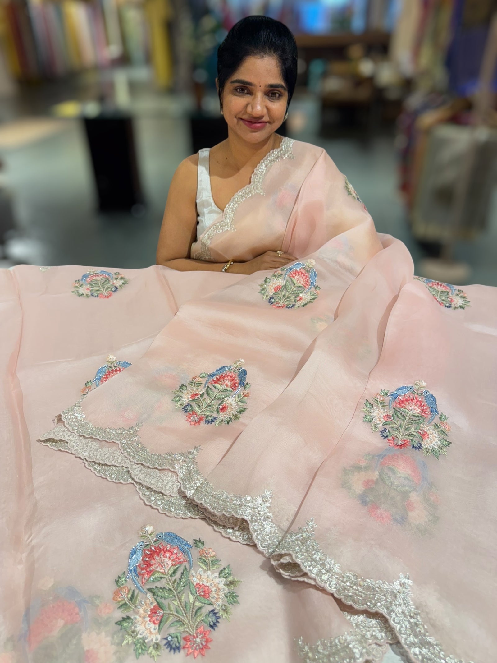 Pastel Pink pure Organza handwork saree