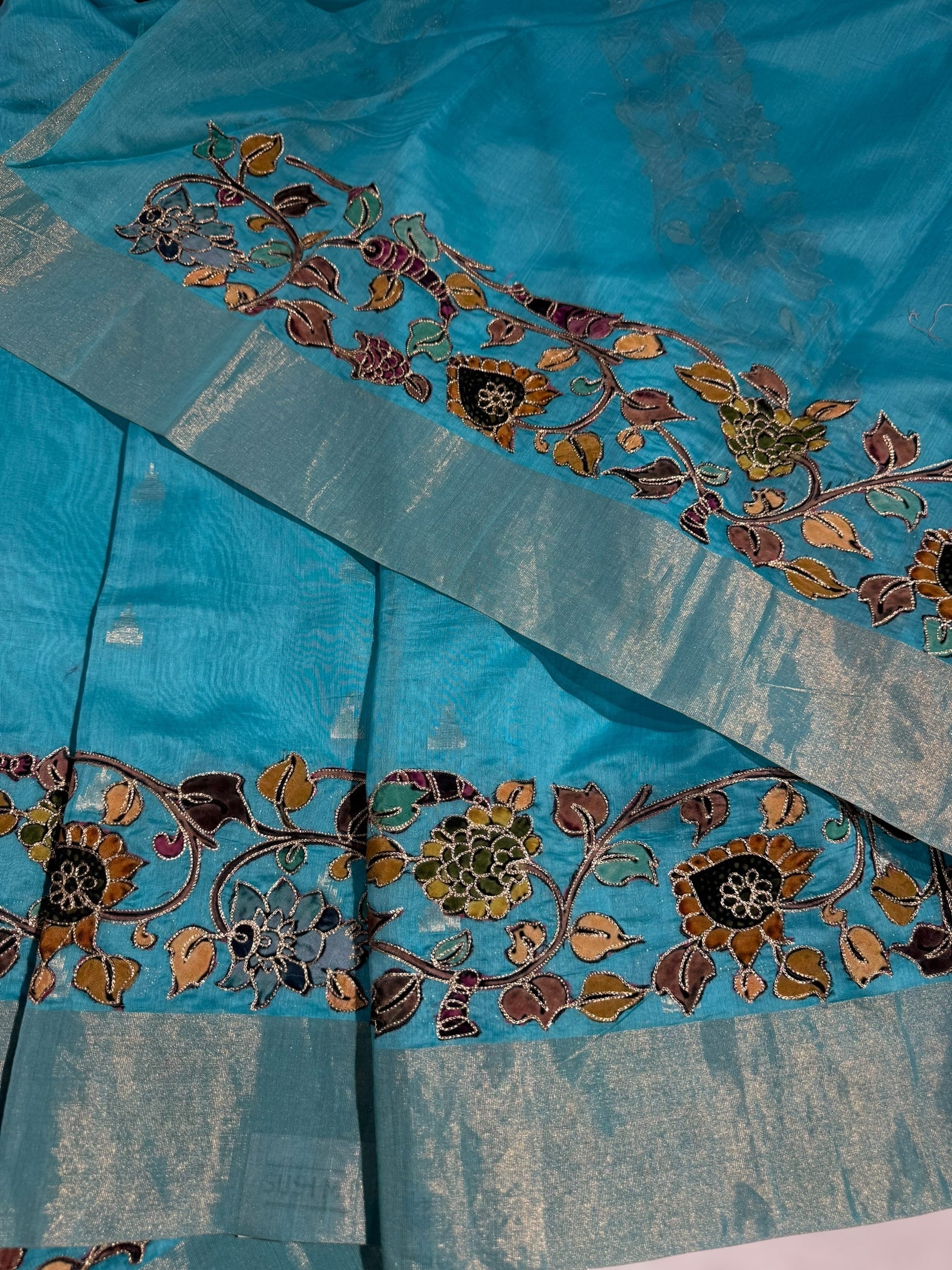 Teal Blue chanderi silk cotton saree with kalamkari applique border