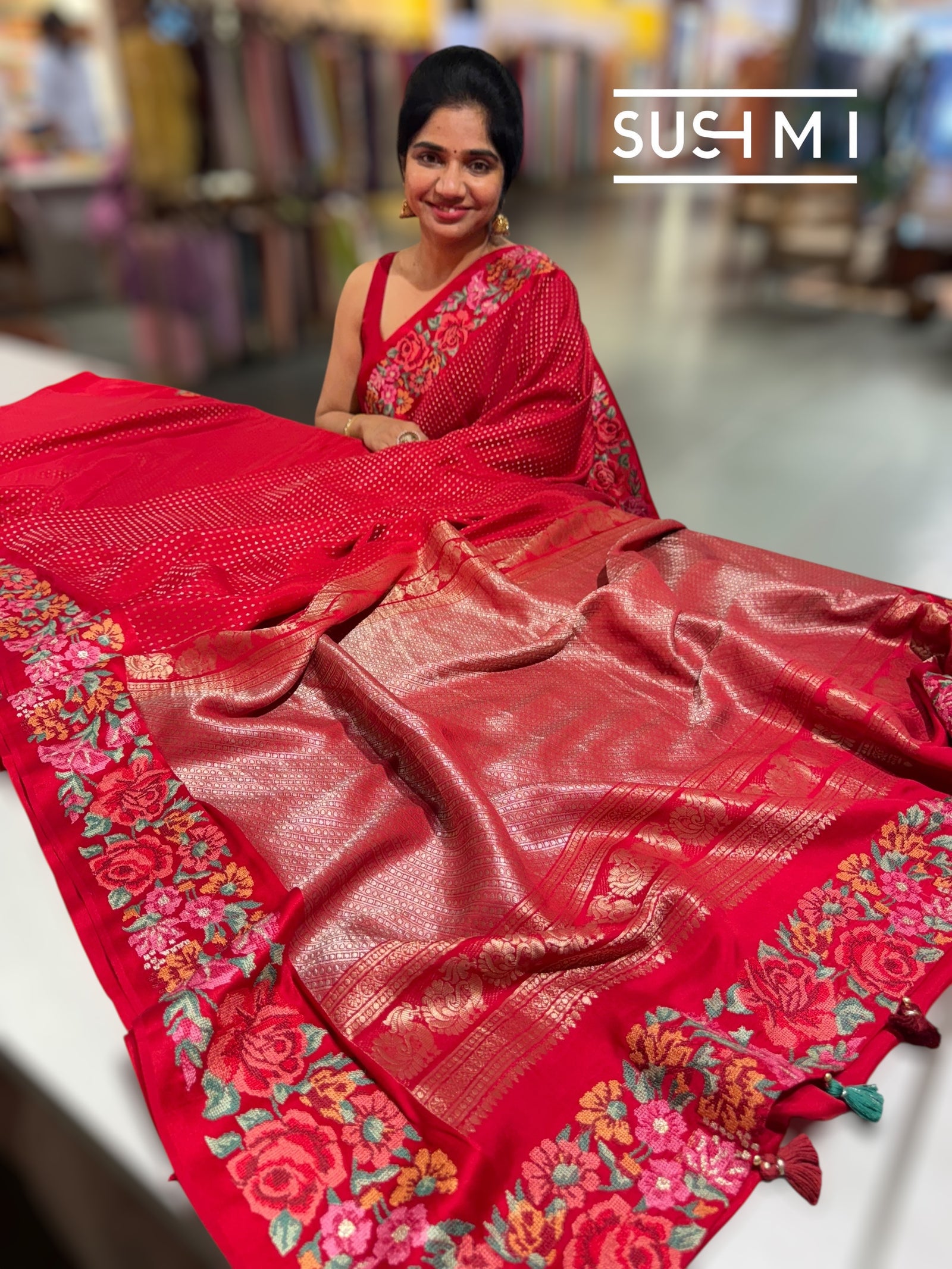 Chilli Red Mysore Silk Saree with petitepoint embroidery S62108