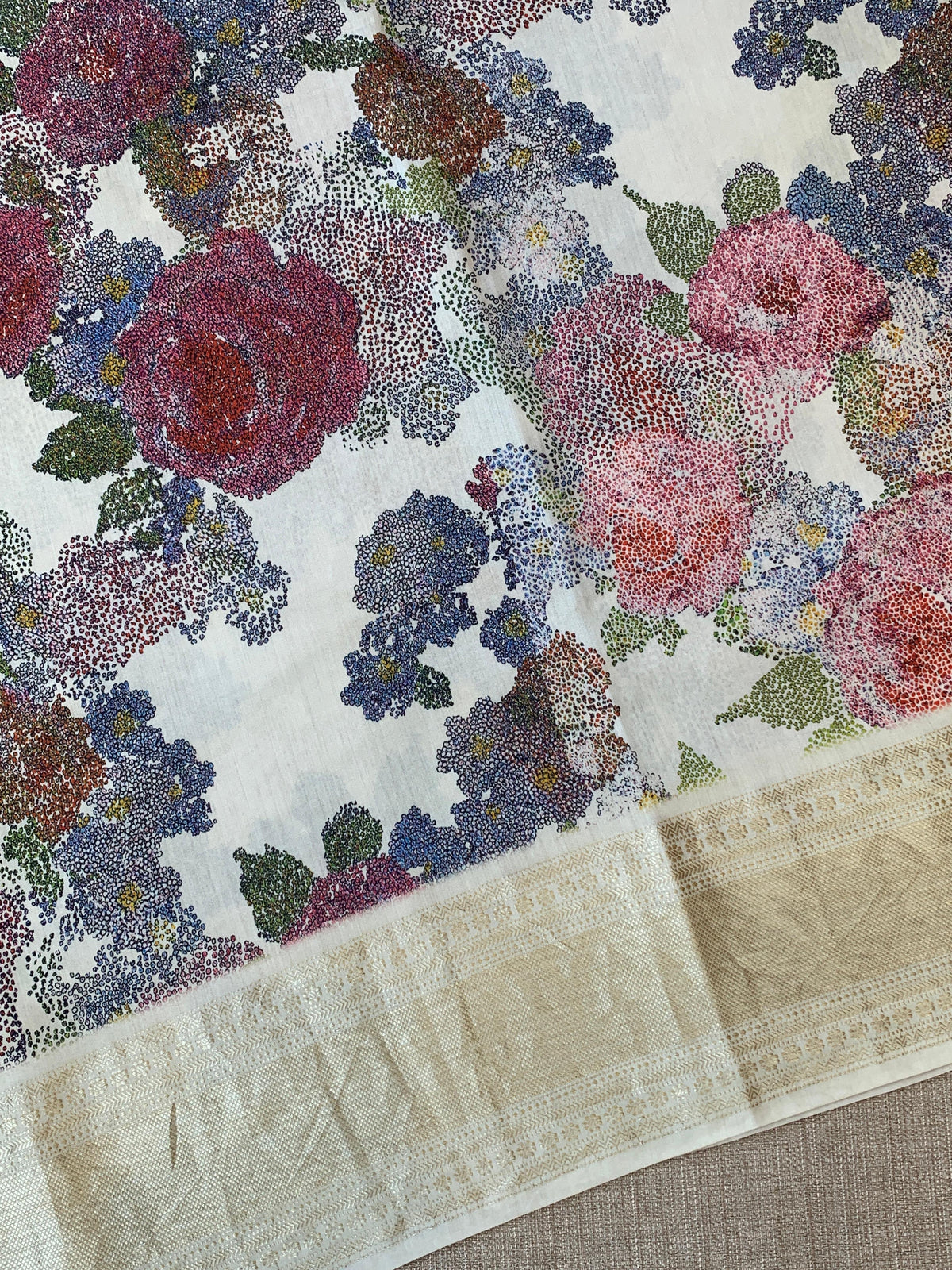 Ivory Pure Handloom Chiniya Silk Saree with stunning 3D Floral Print and zari borders