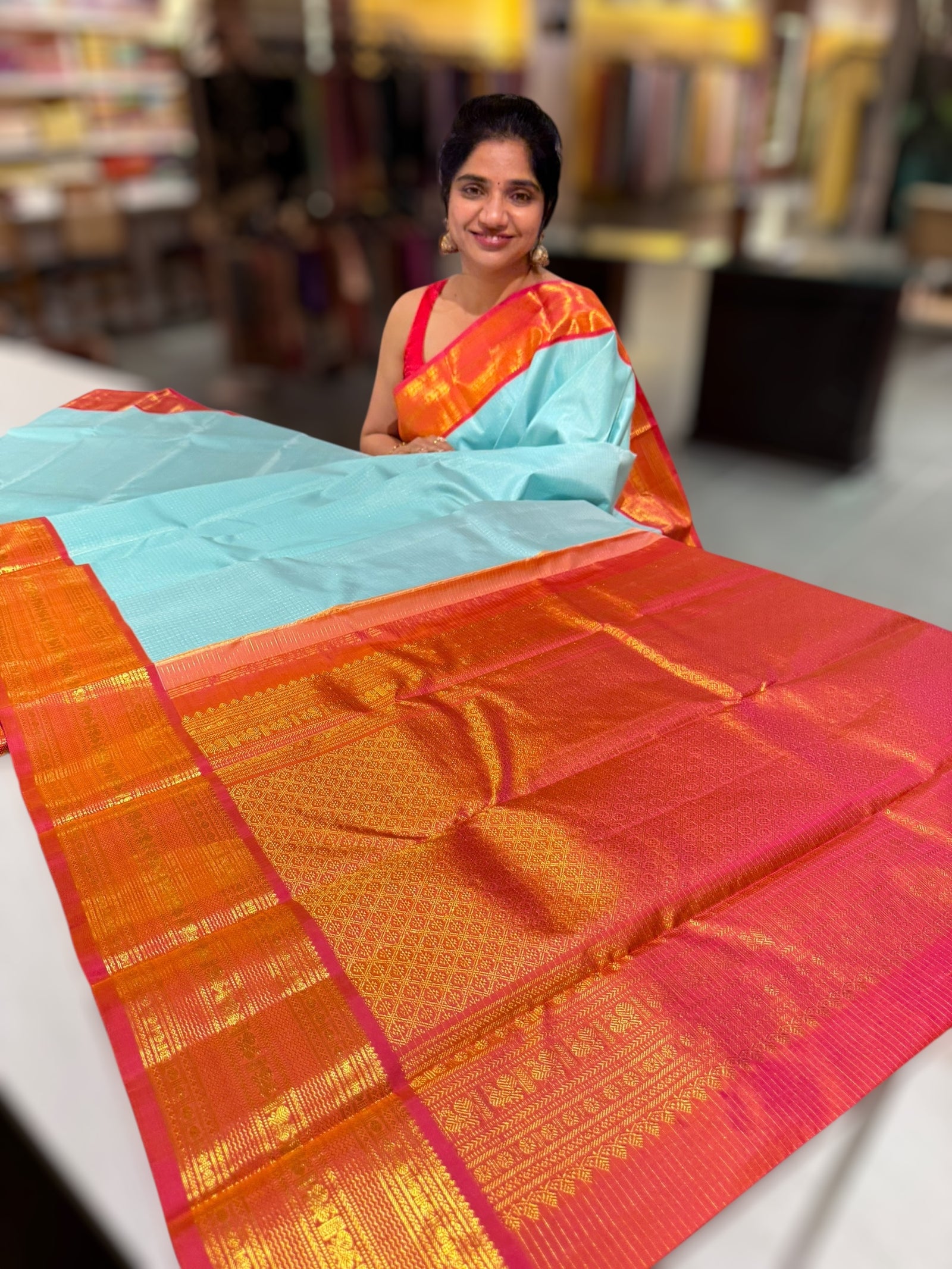 Sea Blue & Orangish pink combo  Vintage checks Kanjeevaram Saree