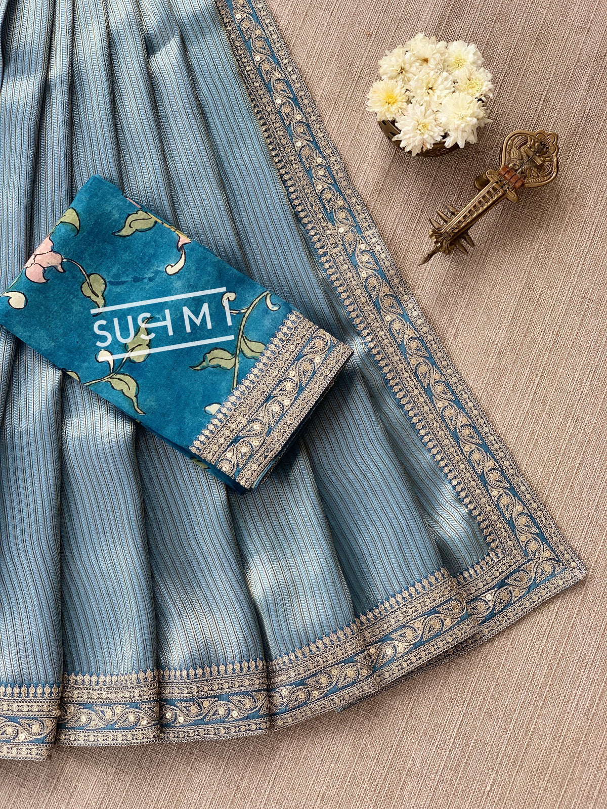 Dusty Blue  Banarasi tonchoi with pen kalamkari Blouse : D62F026