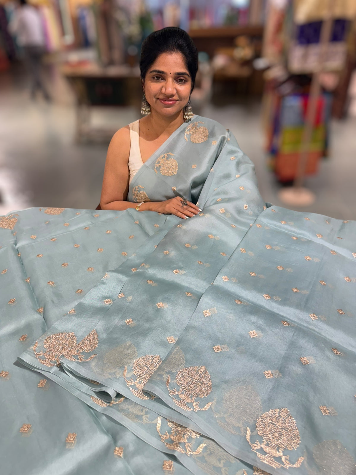Powder Blue Organza Saree With Embroidered Motifs & Tussar Printed Blouse