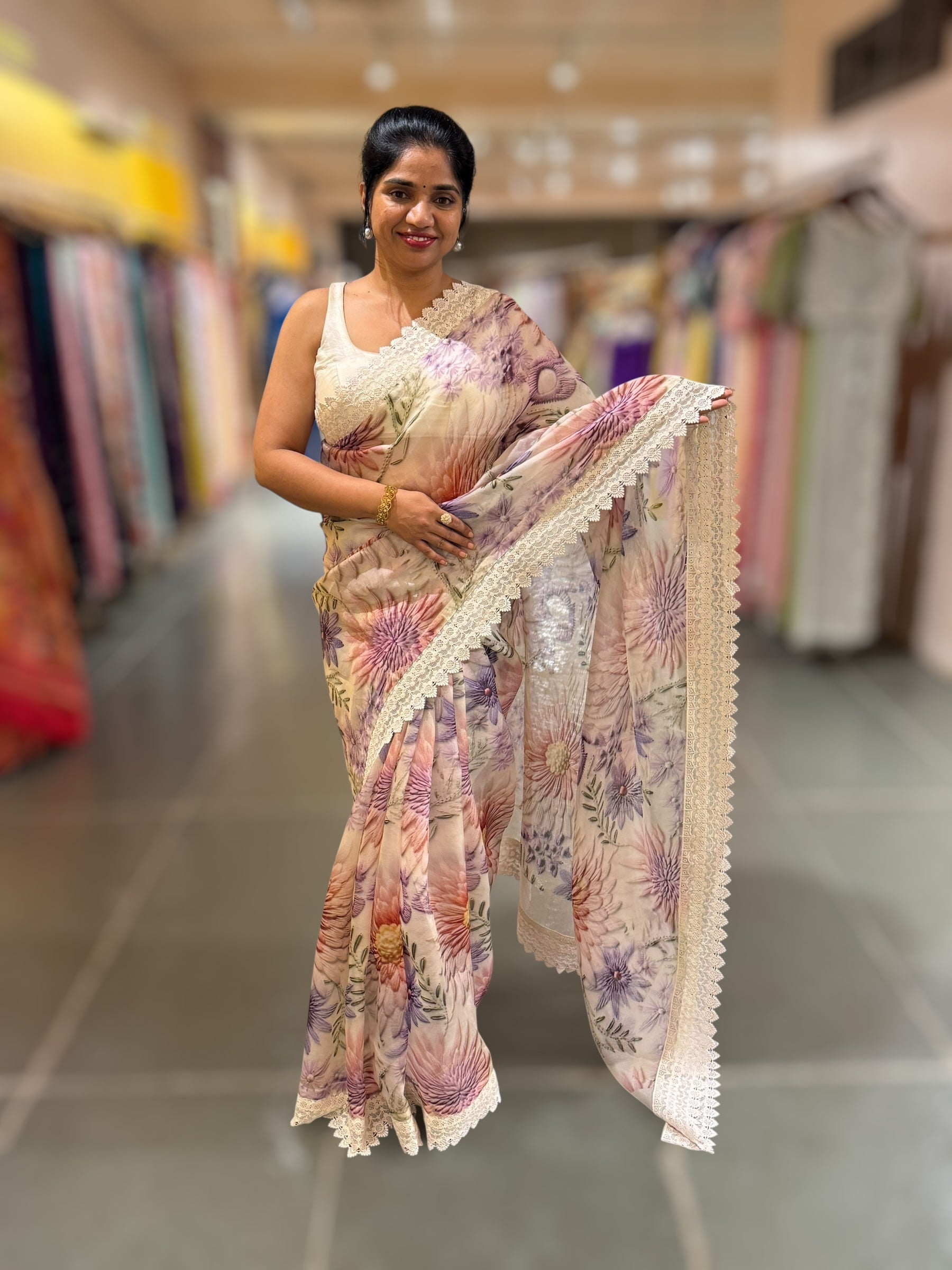 Ivory Organza 3D floral Printed Saree hemlined with crotia lace