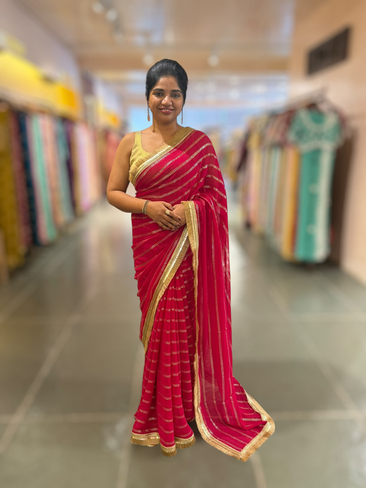 Dark Pink Georgette Saree with stick on Badla in stripes pattern and kiran Lace