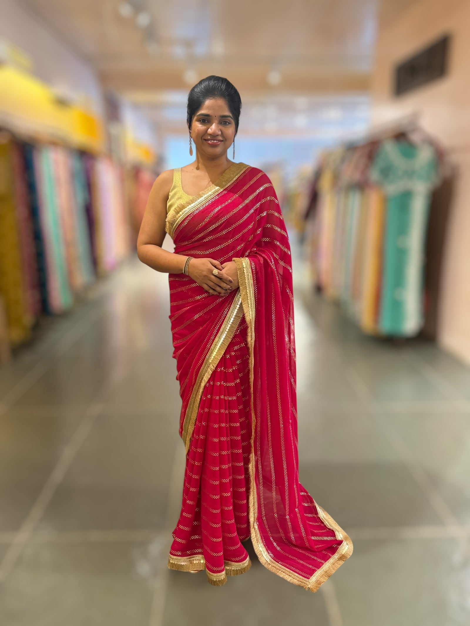 Dark Pink Georgette Saree with stick on Badla in stripes pattern and kiran Lace