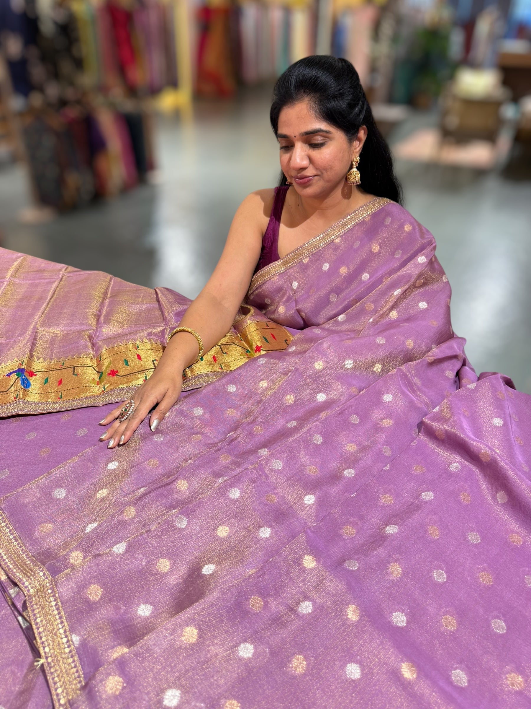 Lilac tissue Kota saree with sabyasachi borders and fancy Pythani tissue blosue