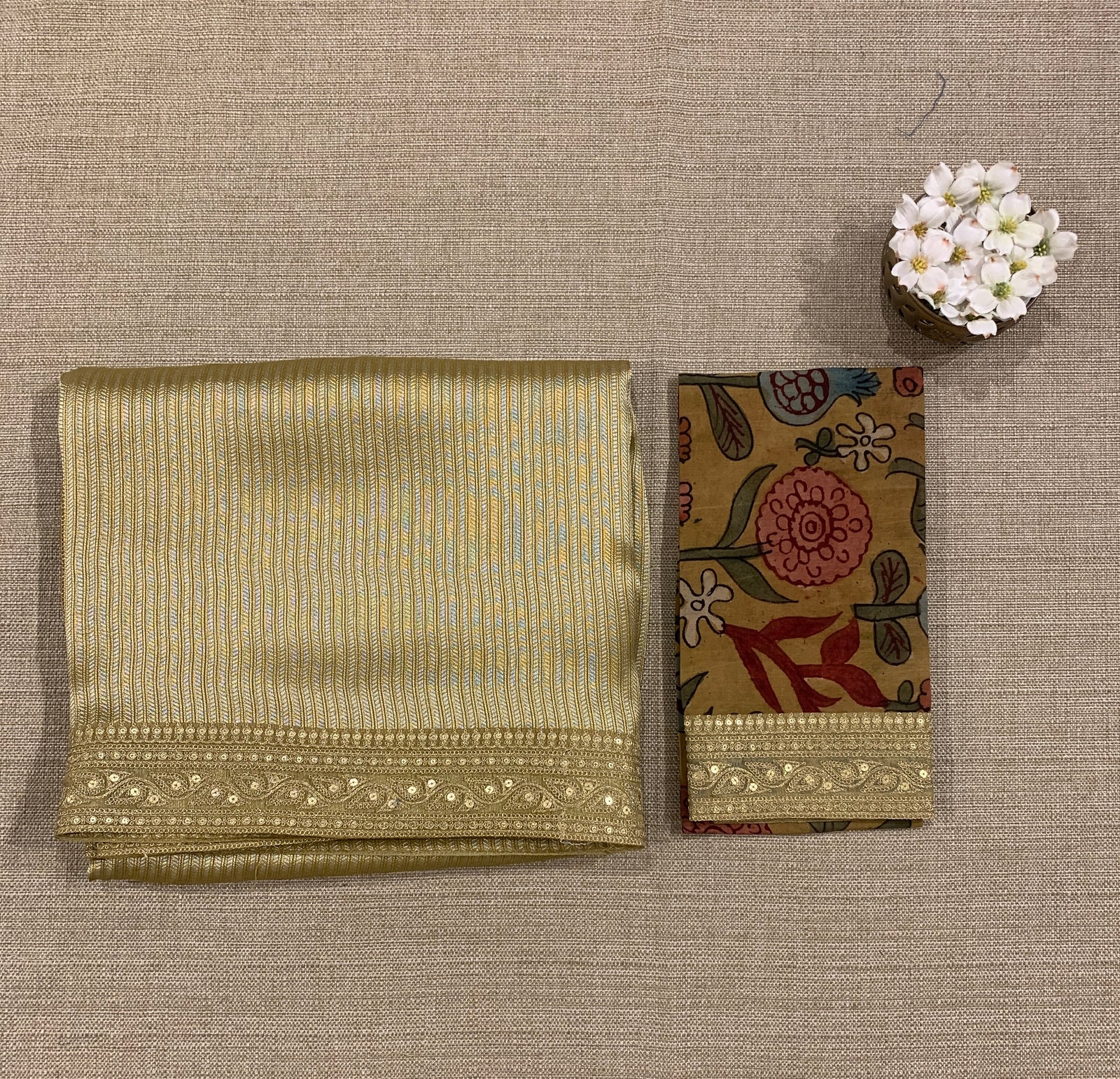 Dusty Yellow Banarasi tonchoi with pen kalamkari Blouses