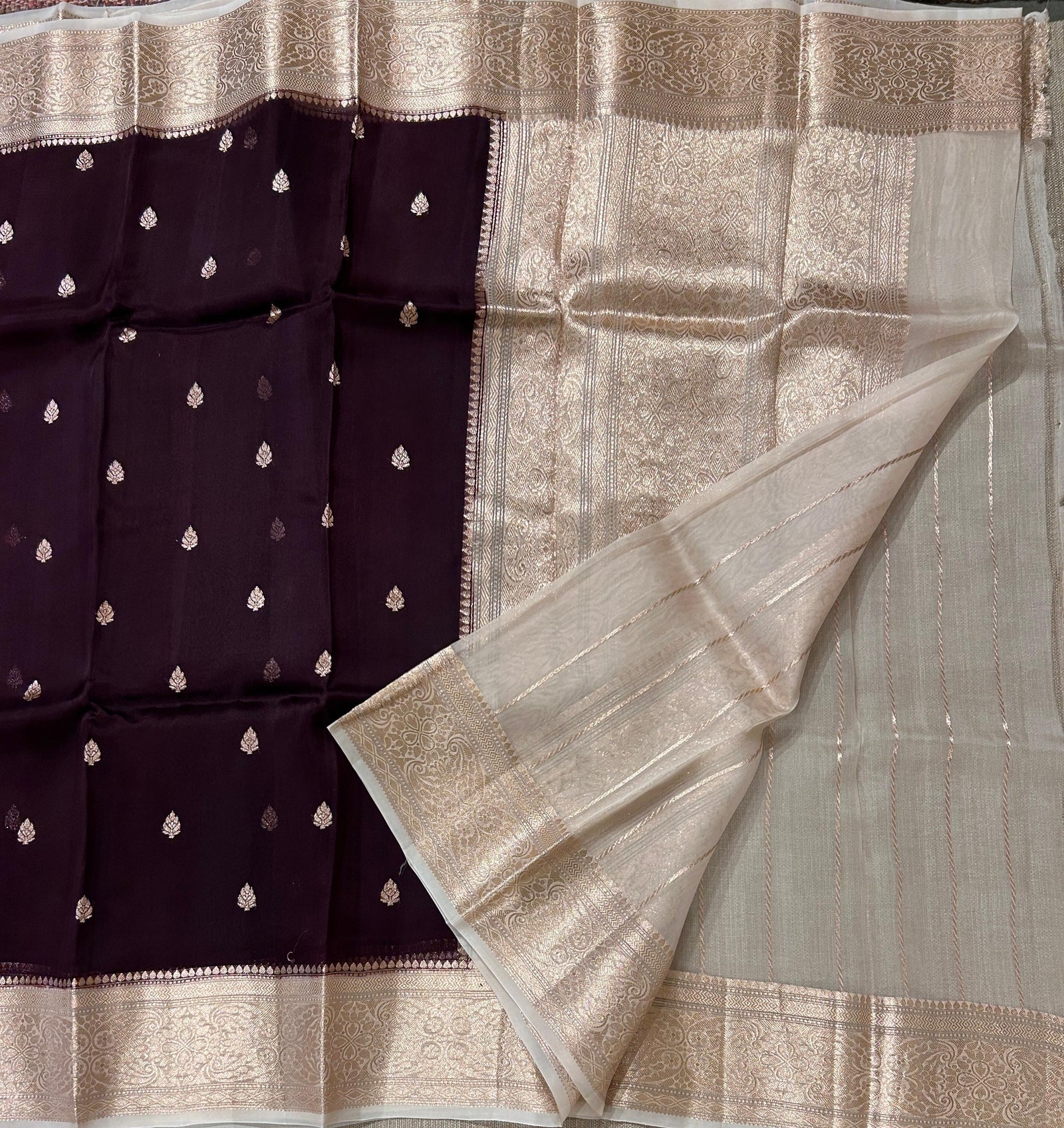 Coffee Brown & Beige Combo Pure Handloom premium Kora Banarasi Saree