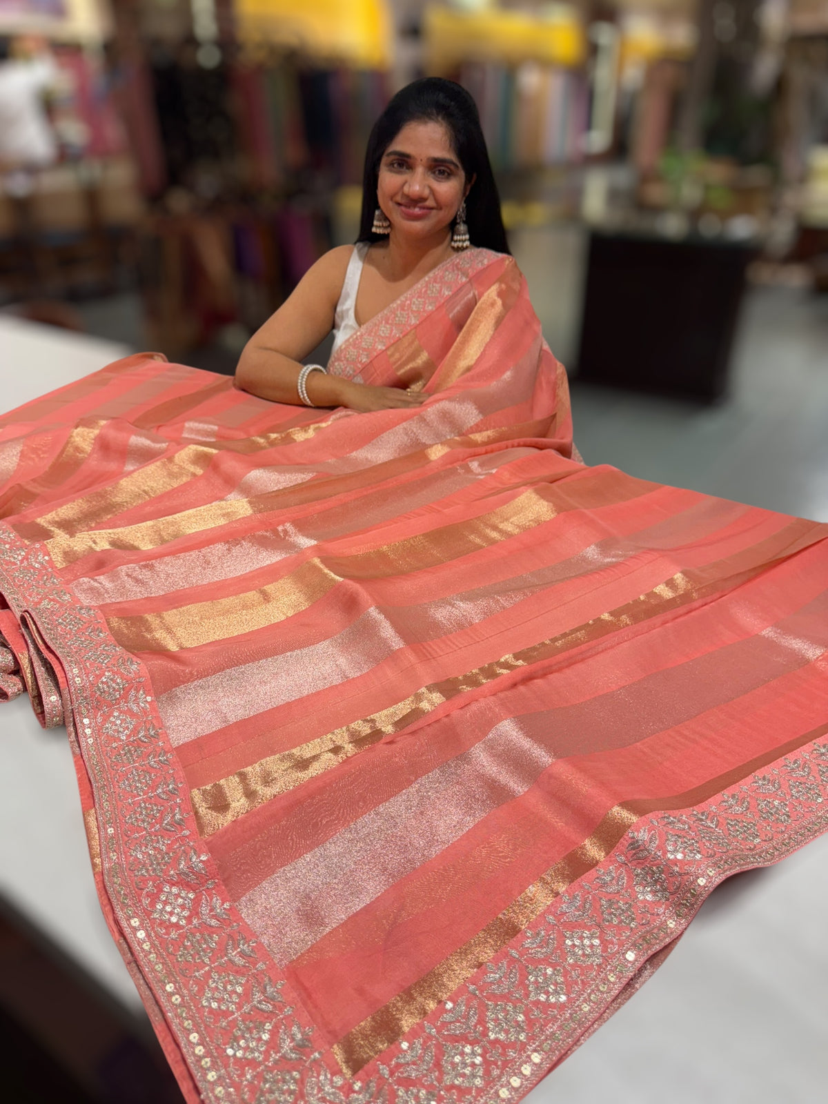 Coral kora tissue stripes saree