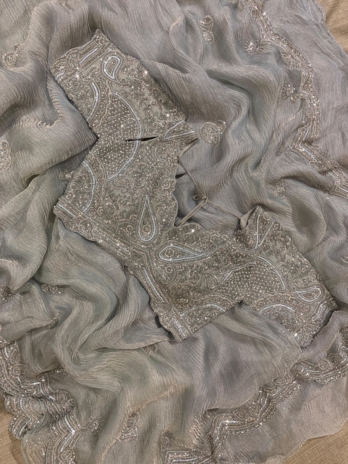 Pastel Bluish silver Crush Tissue handwork Saree