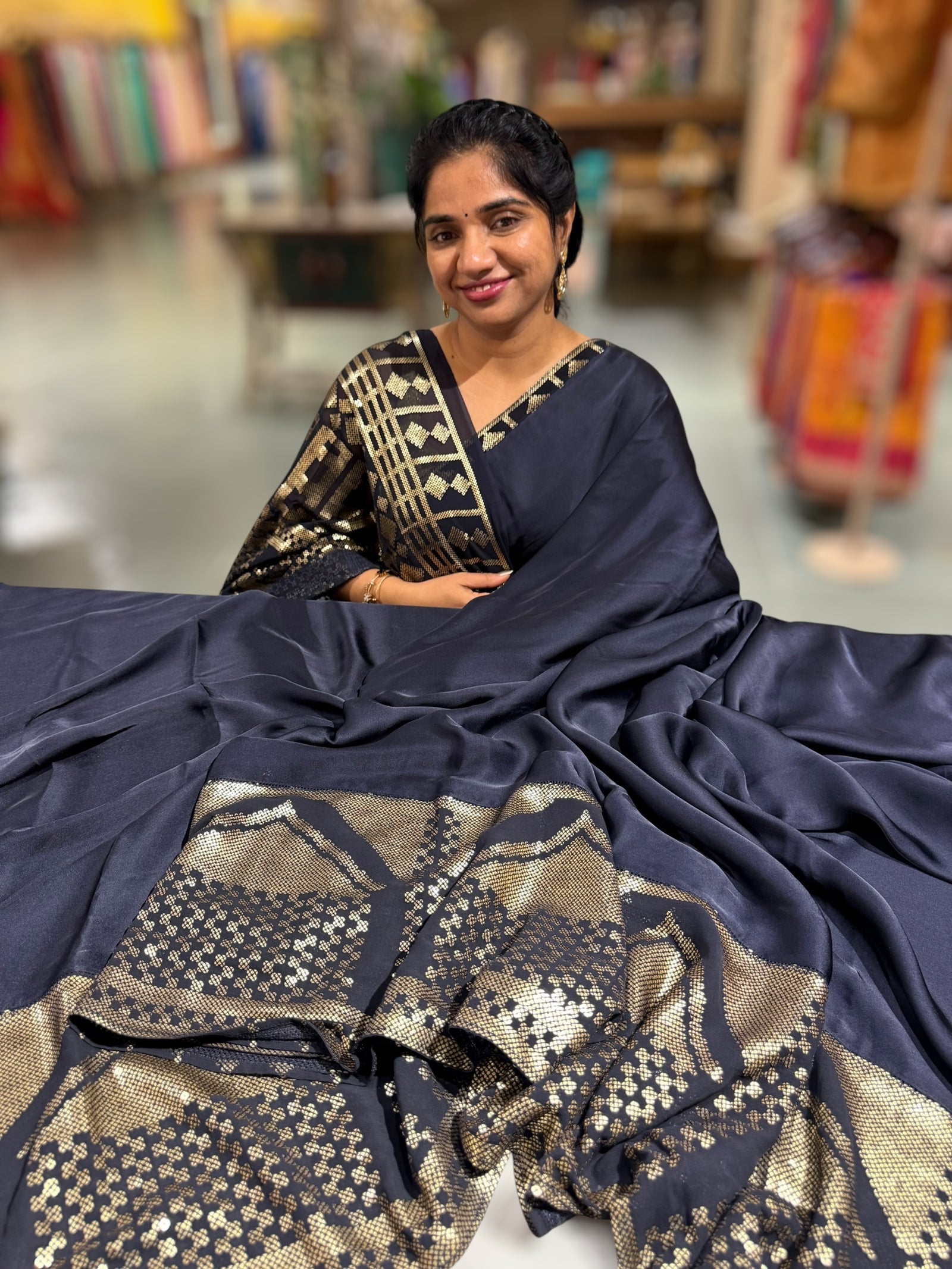 Navy pure Satin Saree with designer sequence border and blouse