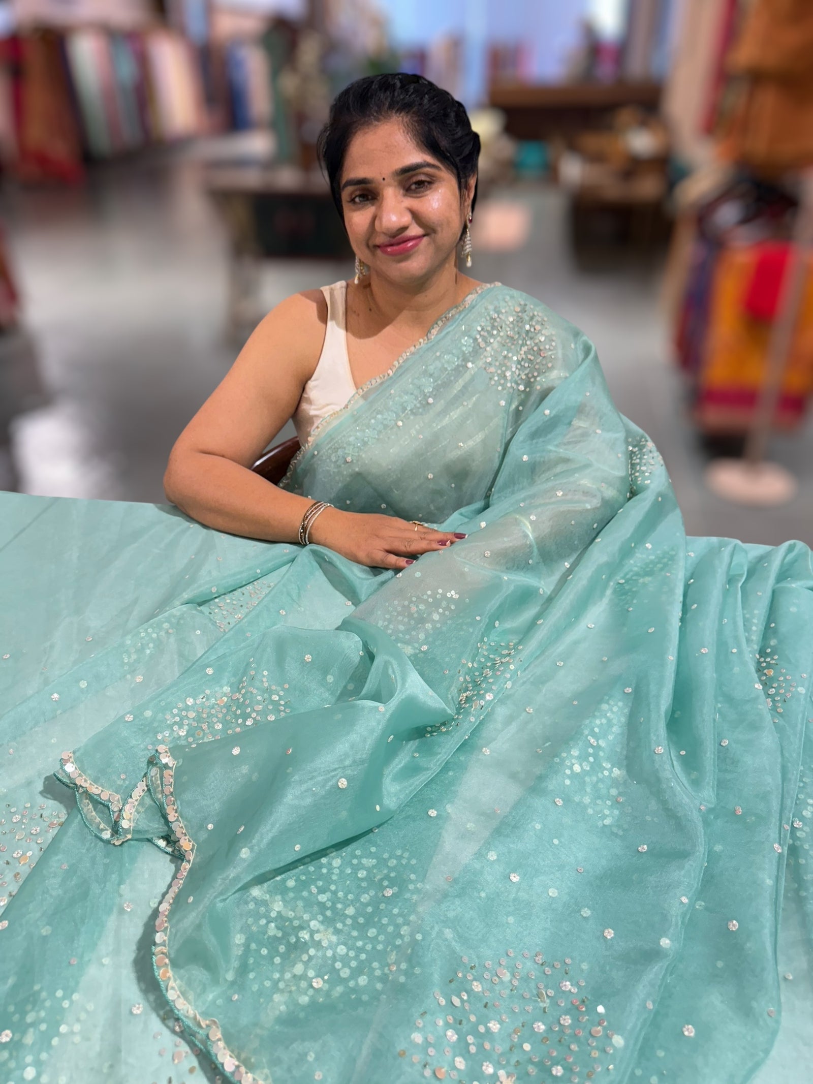 Mint Organza Saree with handwork borders and allover handwork ready to wear blouse