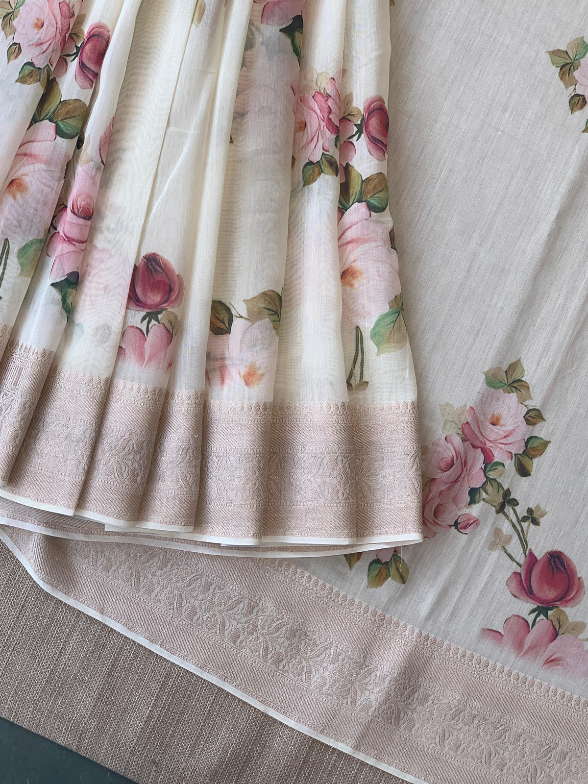 Ivory Pure Handloom Chiniya Silk Saree with stunning Floral Print and zari borders