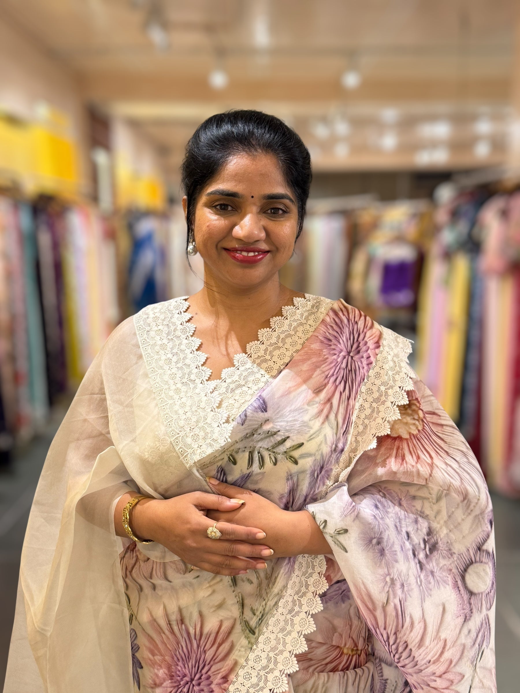 Ivory Organza 3D floral Printed Saree hemlined with crotia lace