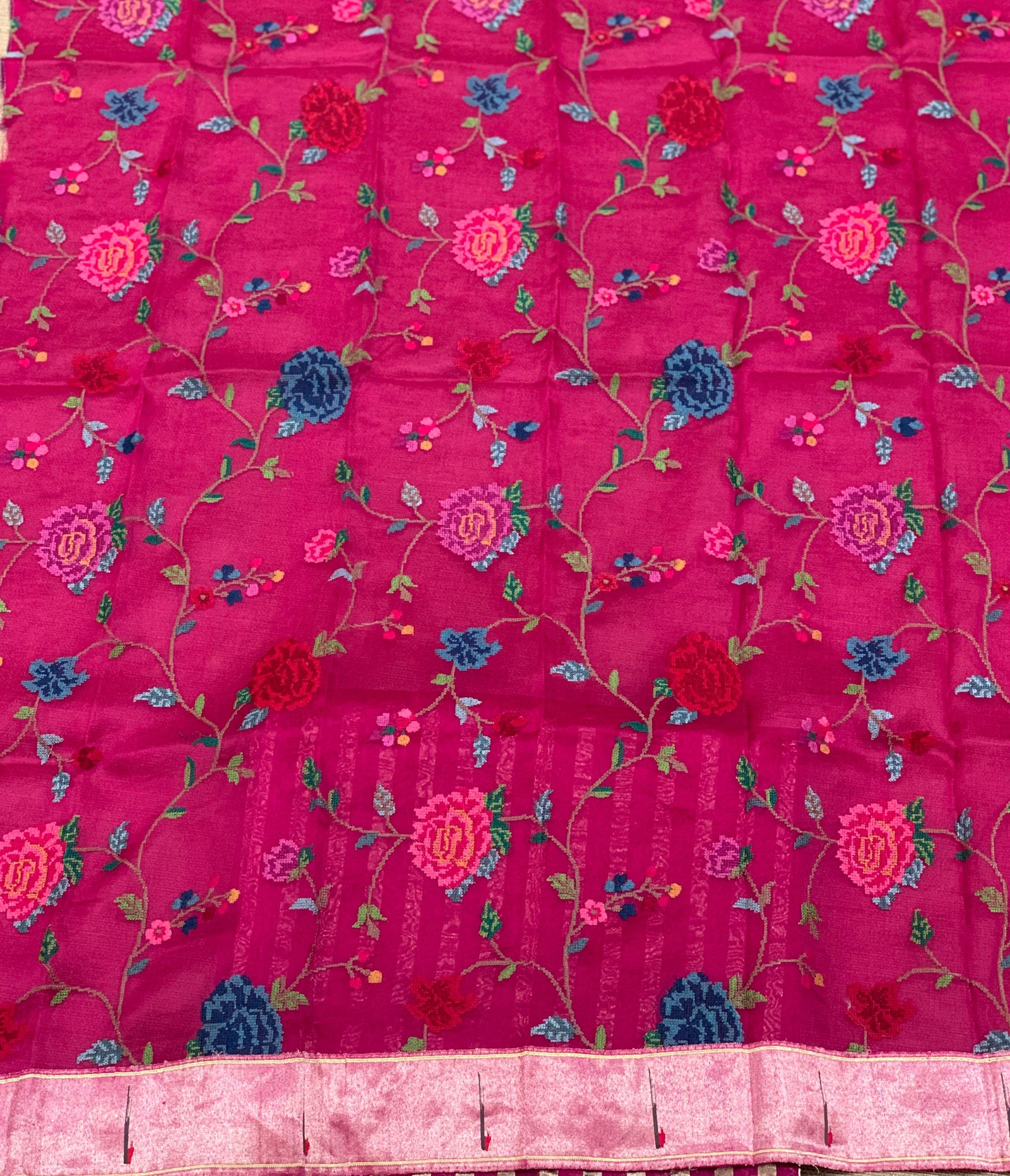 Beetroot Pink Mul tissue stripes saree with fusion blouse : D62138