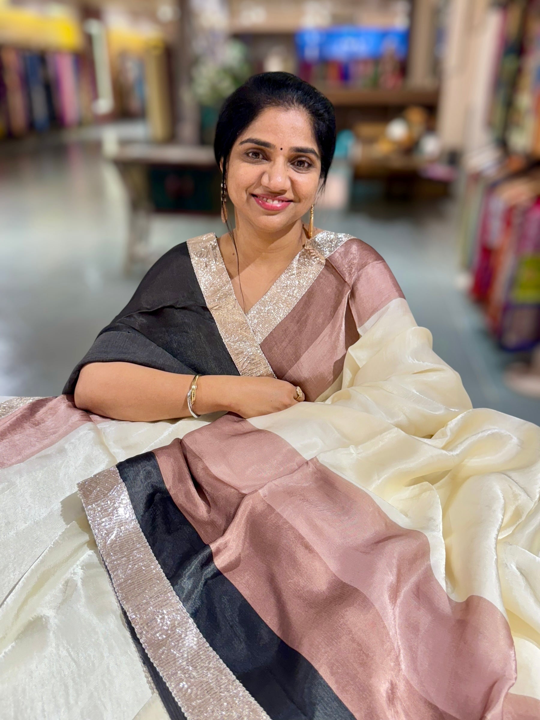 Ivory, Brown & Black Combo Chinnon Crepe Saree with Gotapatti Borders