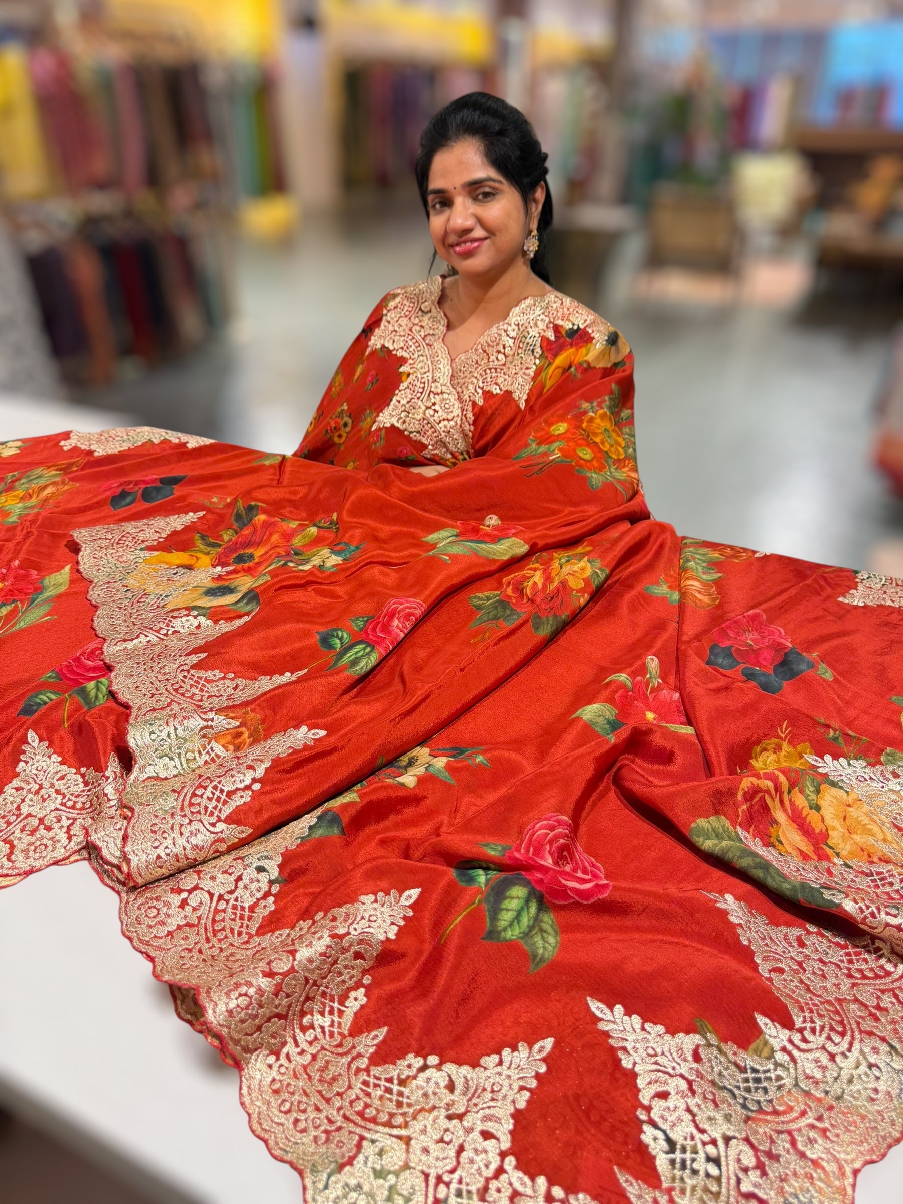 Red Crepe Printed Saree with Chanitlly Lace style Embroidery
