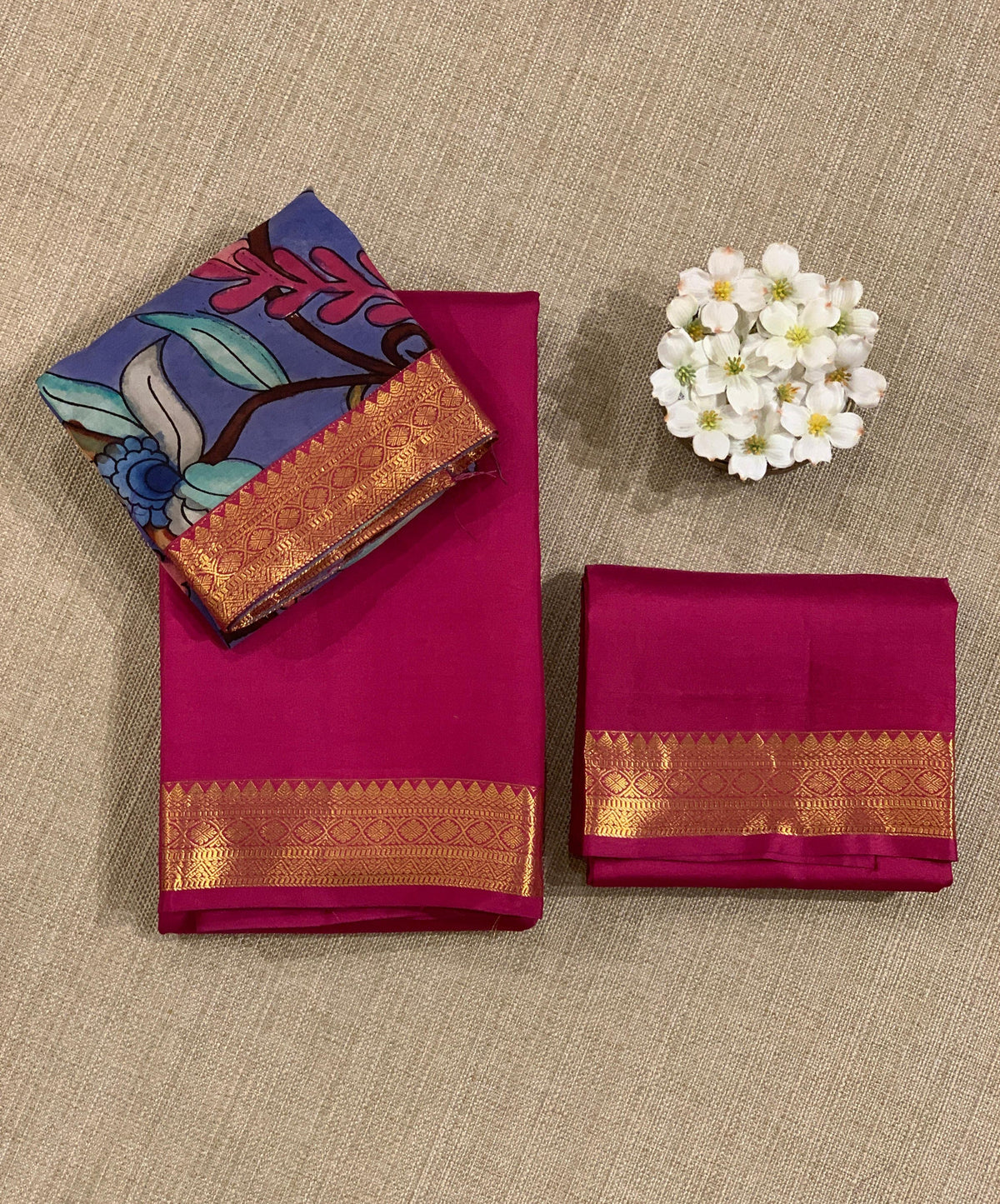 Ruby Pink vintage Kanchipuram silk saree with pen kalamkari blouse