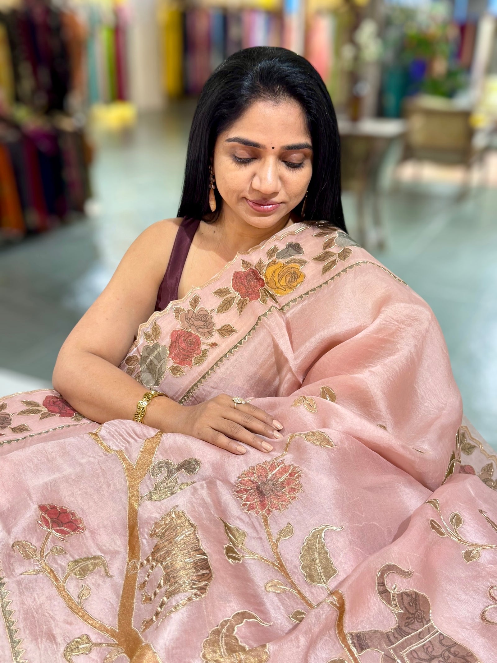 Nude Pink Pure Organza Applique Work Saree