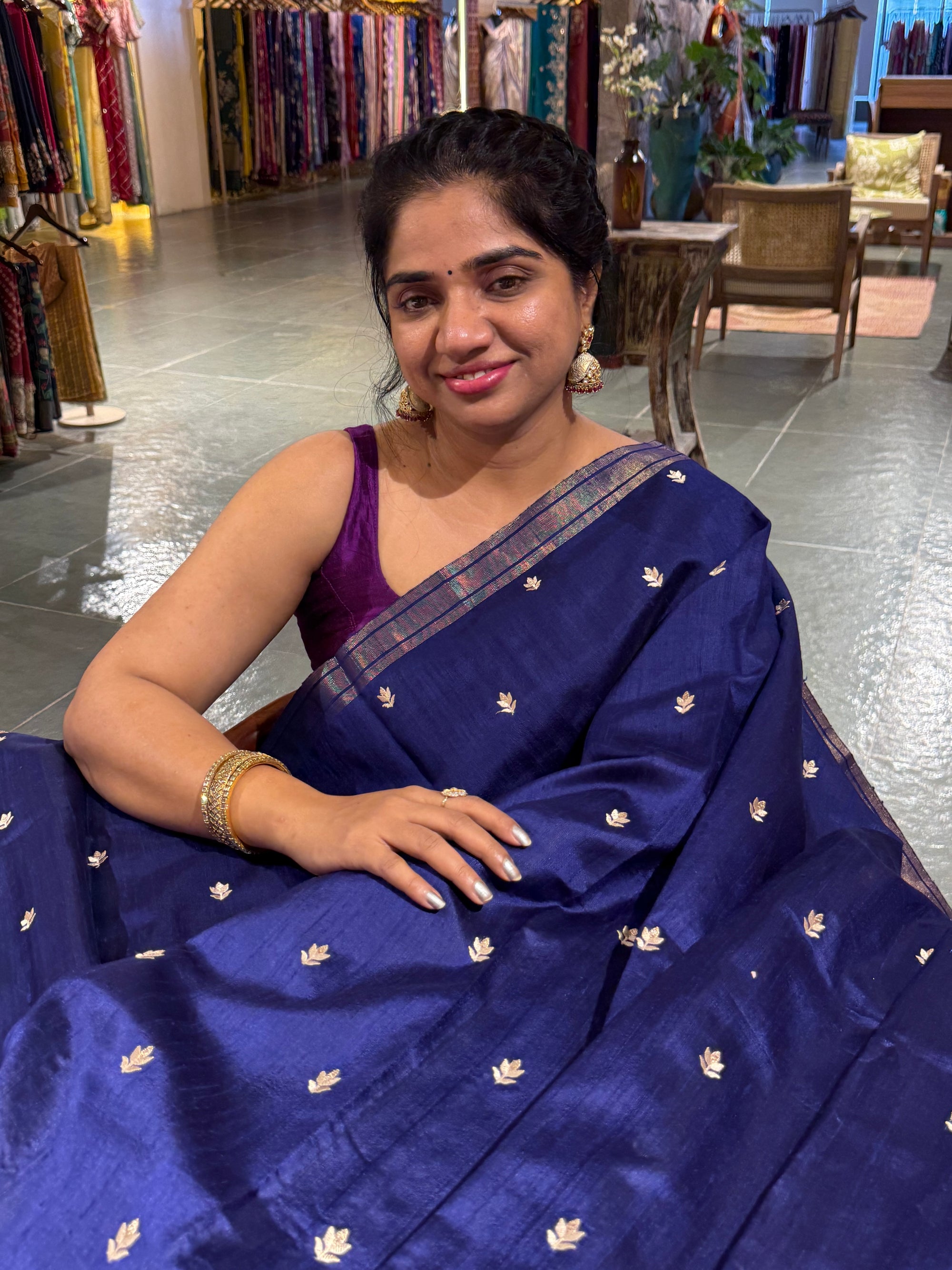 Blue Pure Handloom Raw Silk Saree