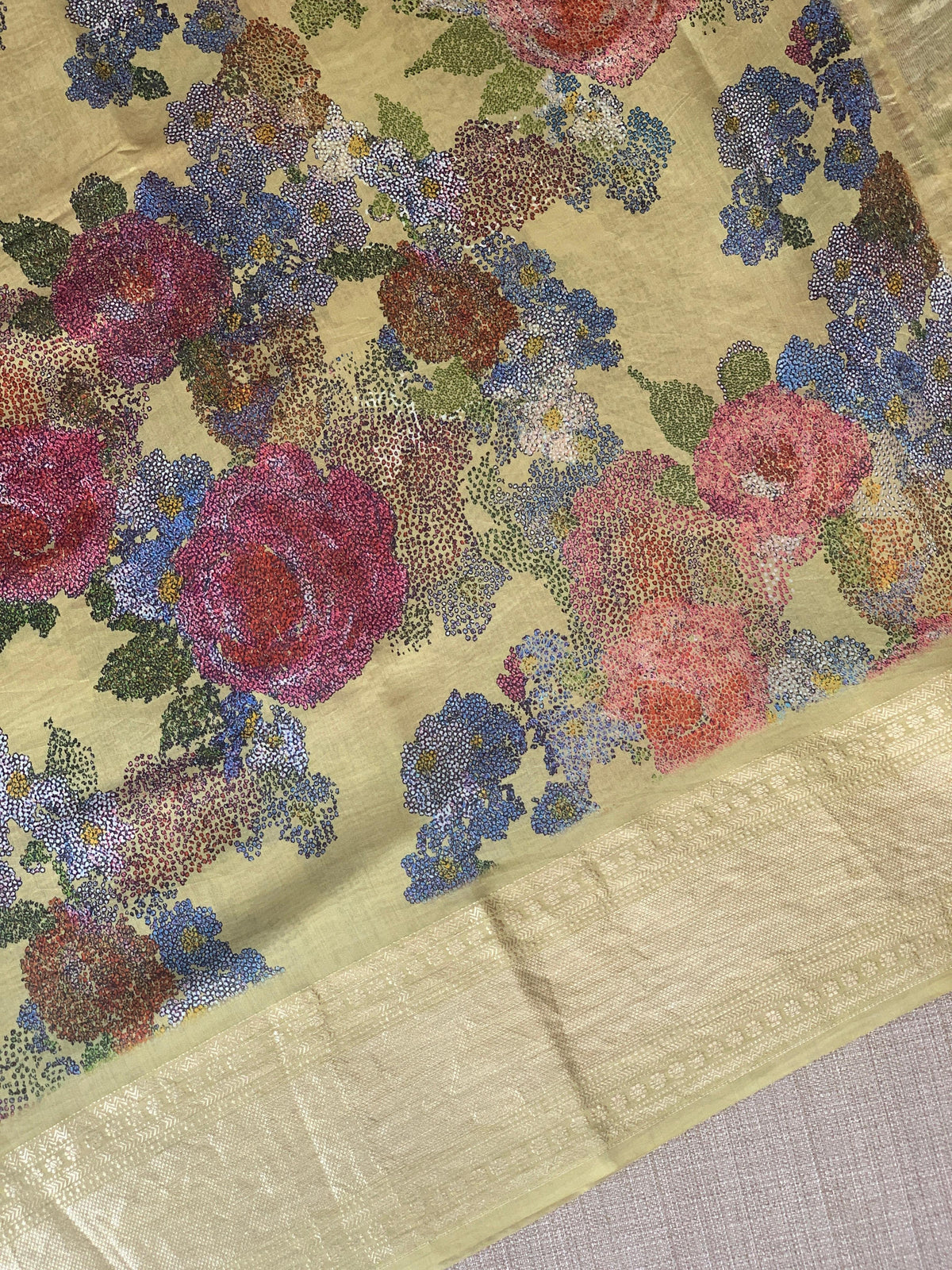 Pista Green Pure Handloom Chiniya Silk Saree with stunning Floral Print and zari borders