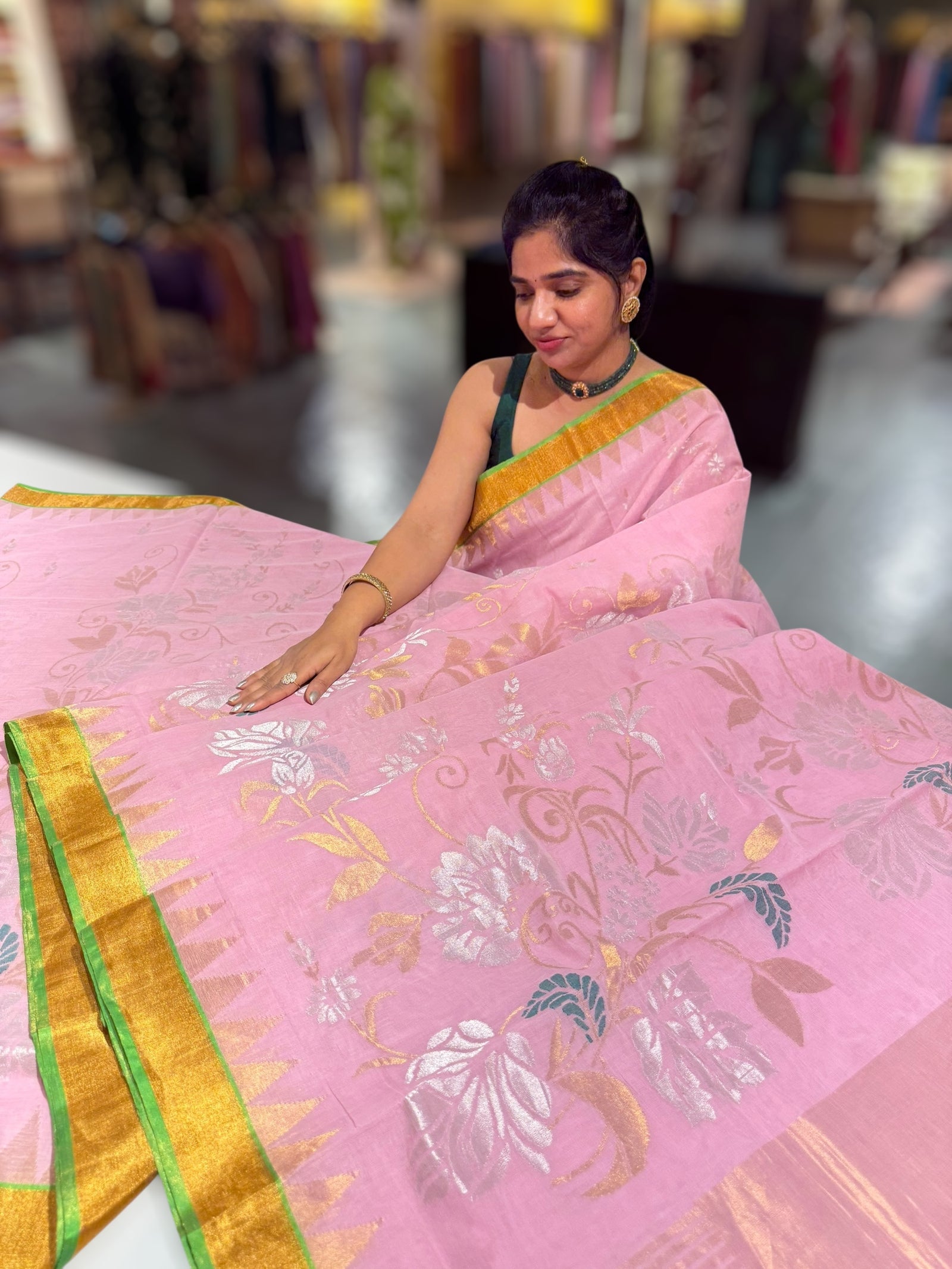 Baby Pink Ponduru Khadi Jamdani Allover Weaving Saree