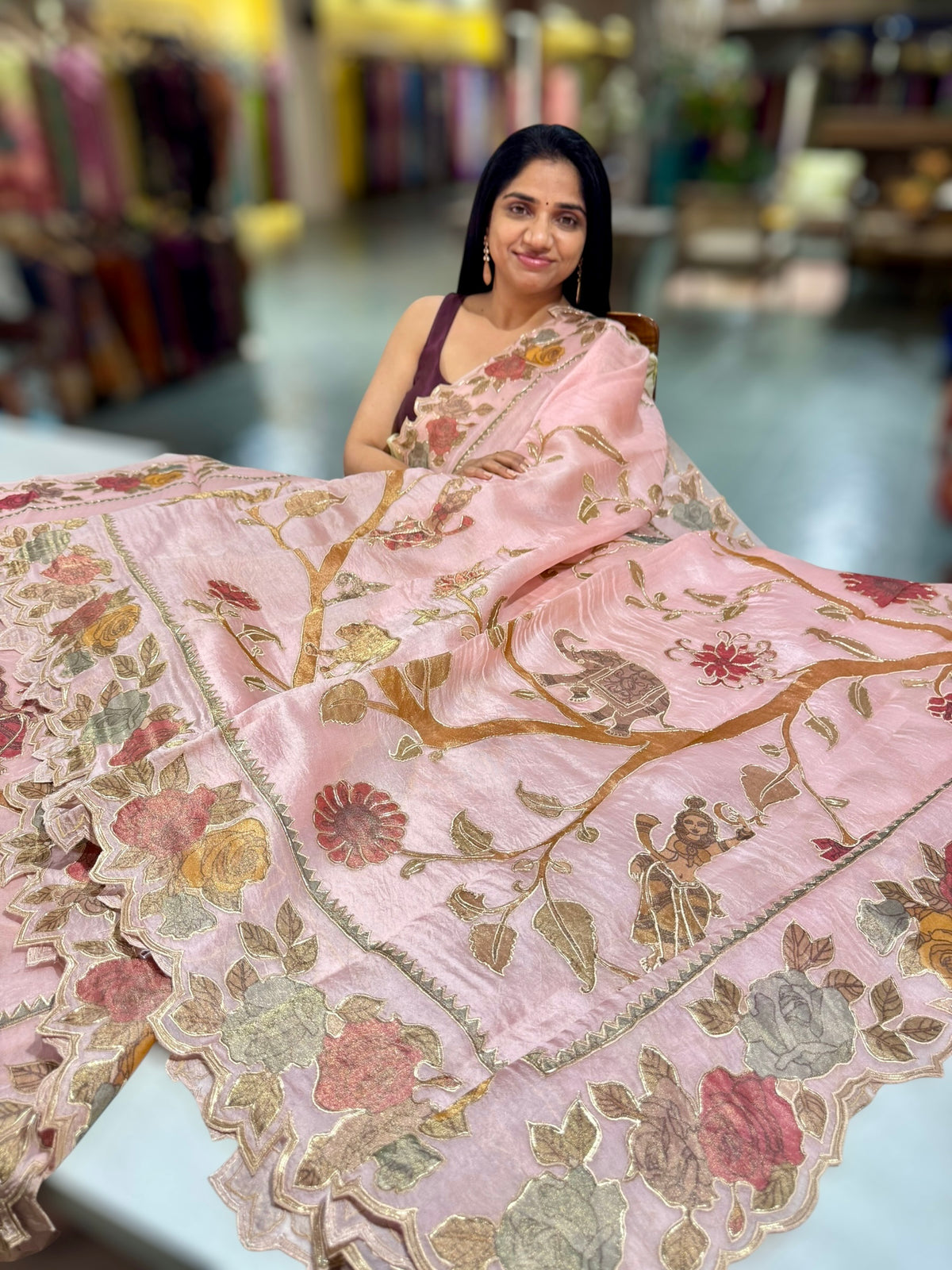 Blush Pink Pure Organza Applique Work Saree