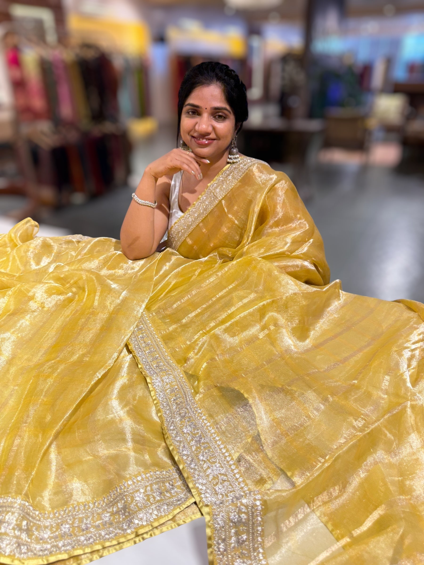Lemon Yellow Banarasi Tissue checks Saree with Sabyasachi Borders