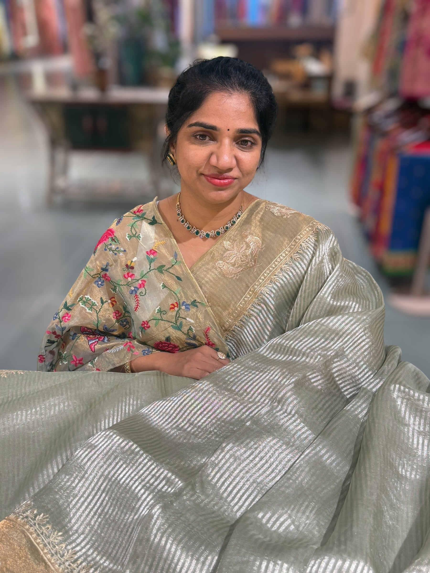 Mint Kora tissue silver stripes Saree with double parrot  embroidered tissue border