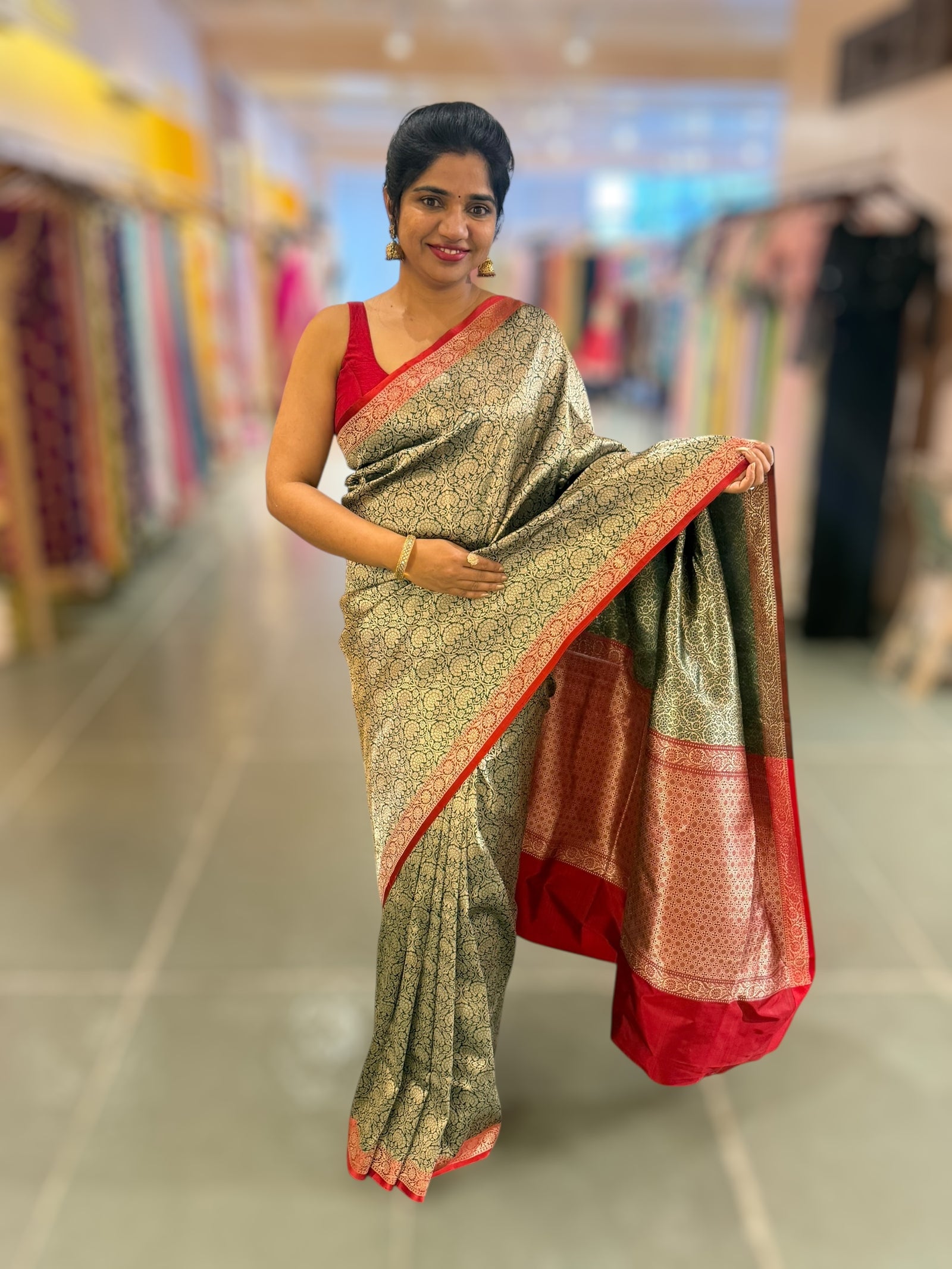 Bottle Green Banarasi katan Tonchoi weaving Saree with red Mashru borders