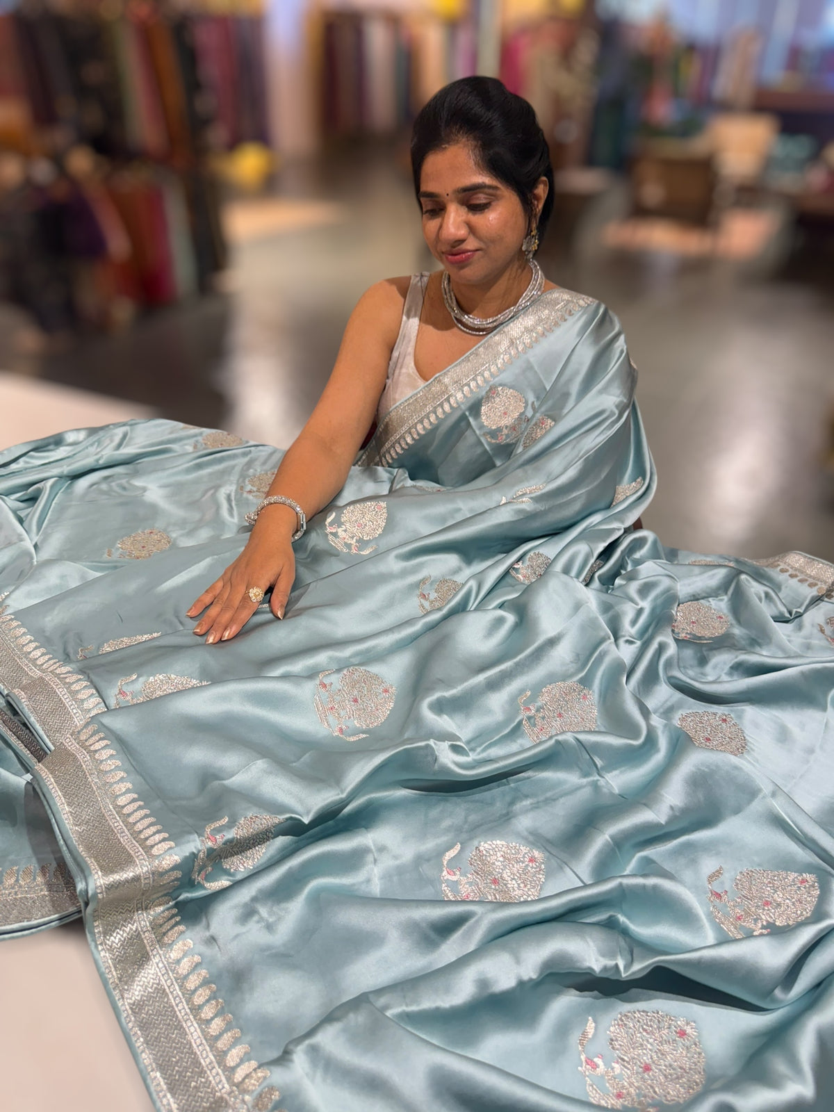Dusty Blue Pure Satin Saree with Embroidery.
