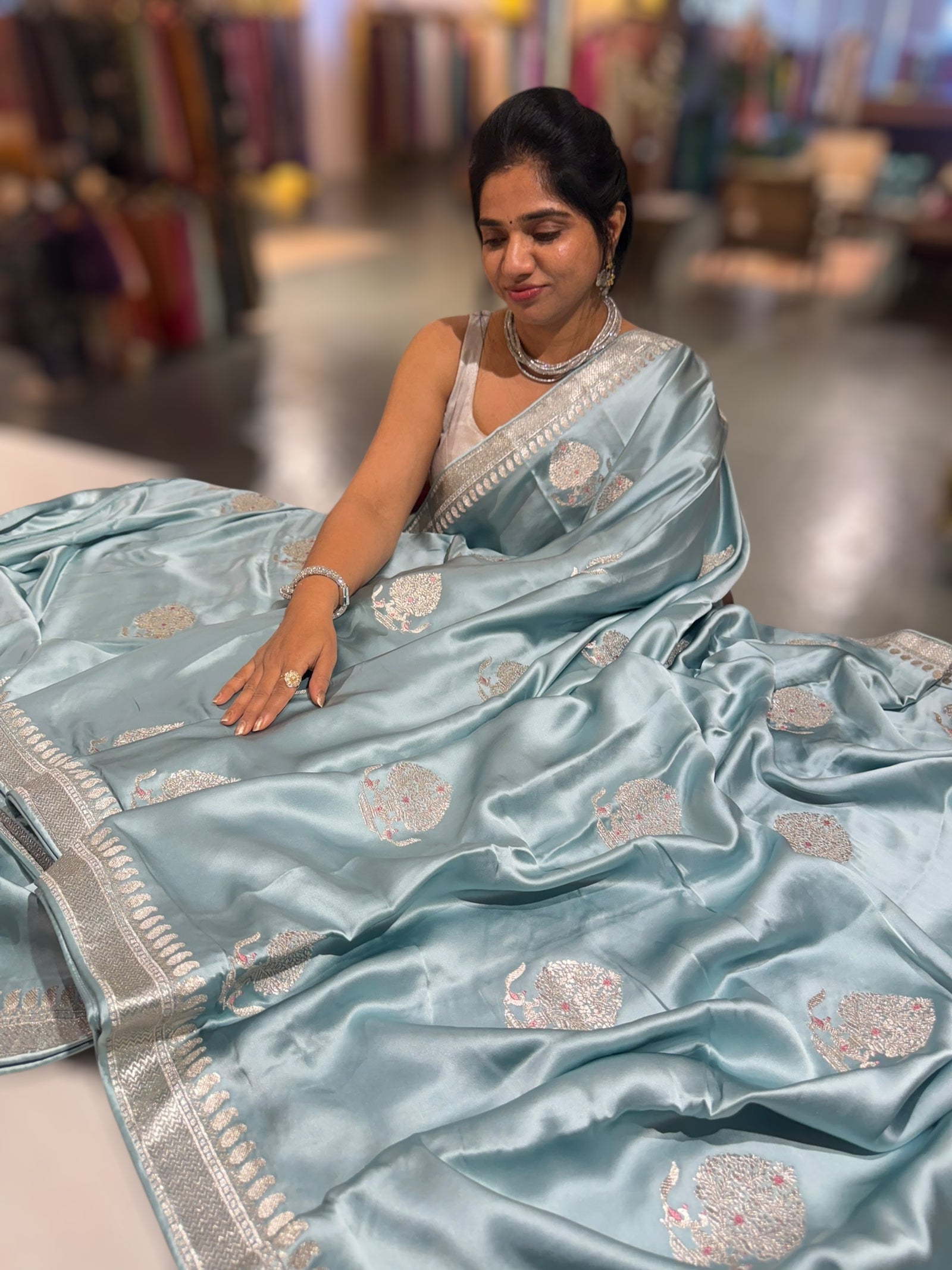 Dusty Blue Pure Satin Saree with Embroidery.