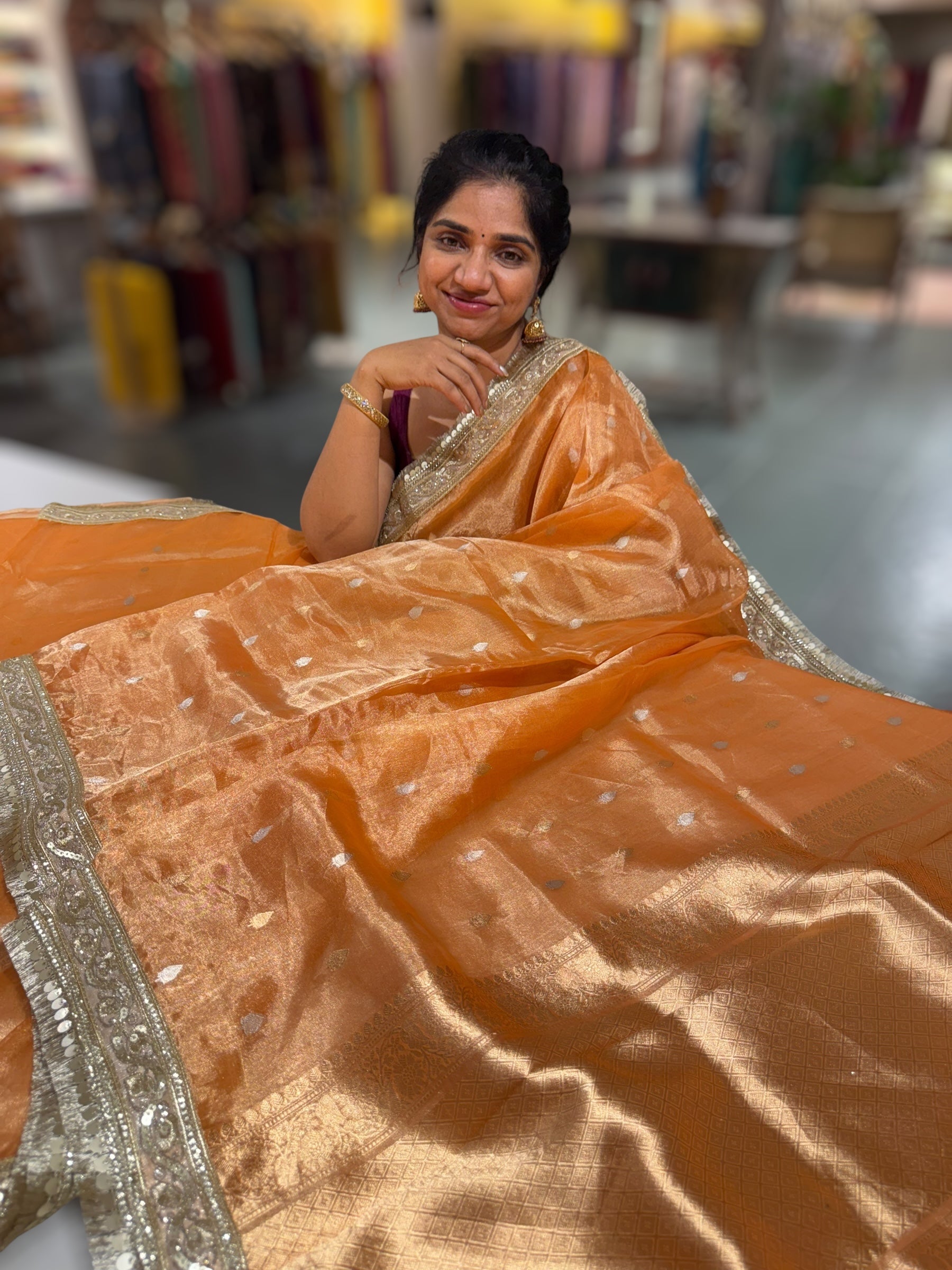 Light Orange Pure handloom Banarasi Tissue saree
