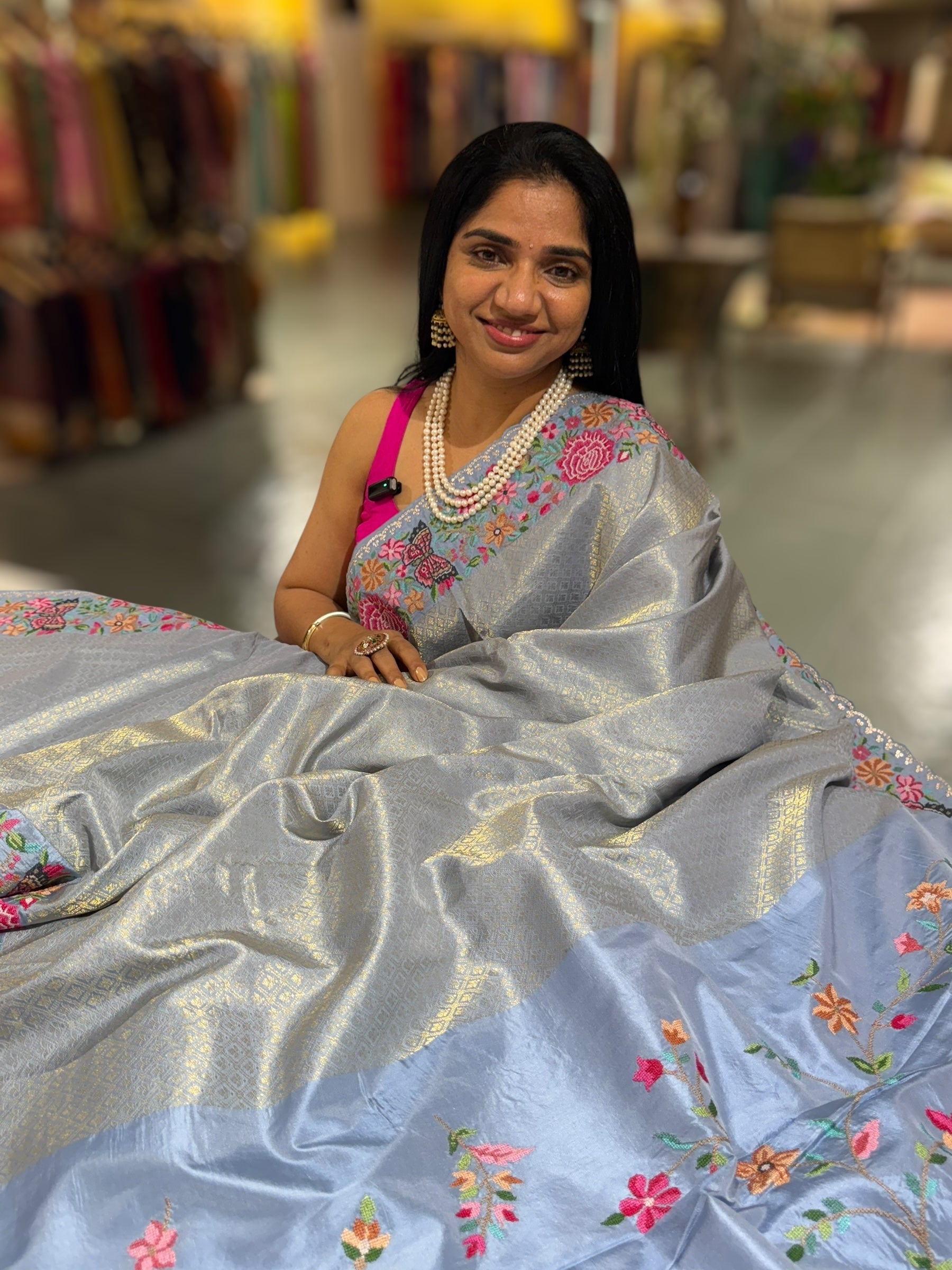 Dusty Blue Kanjeevaram Brocade Saree with Petite Point Embroidered Border